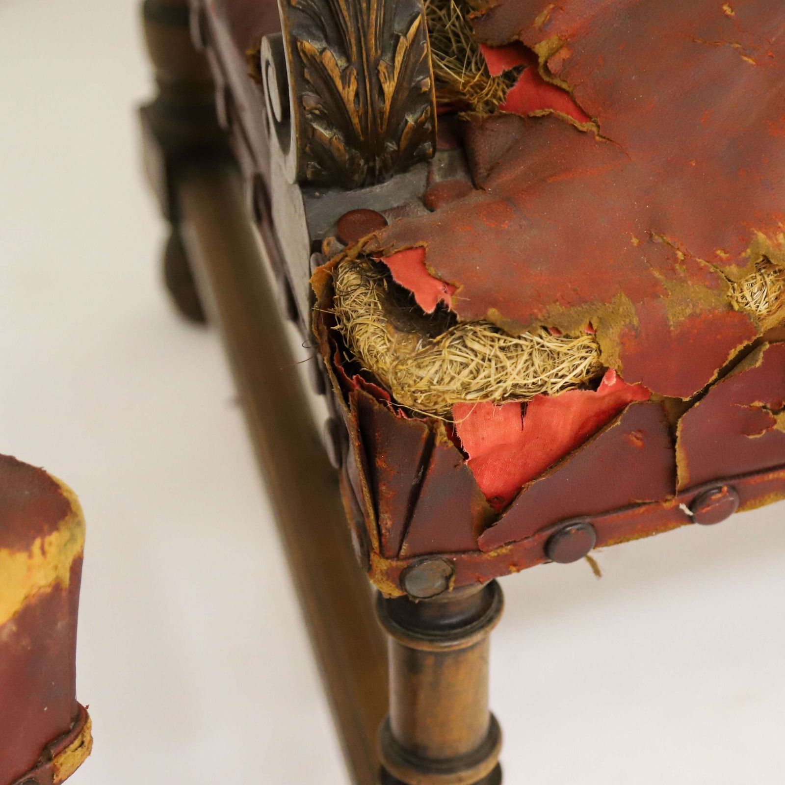 Pair Of French Louis XIV Style Mahogany Lion Head Fauteuils With Distressed Leather photo 695.0
