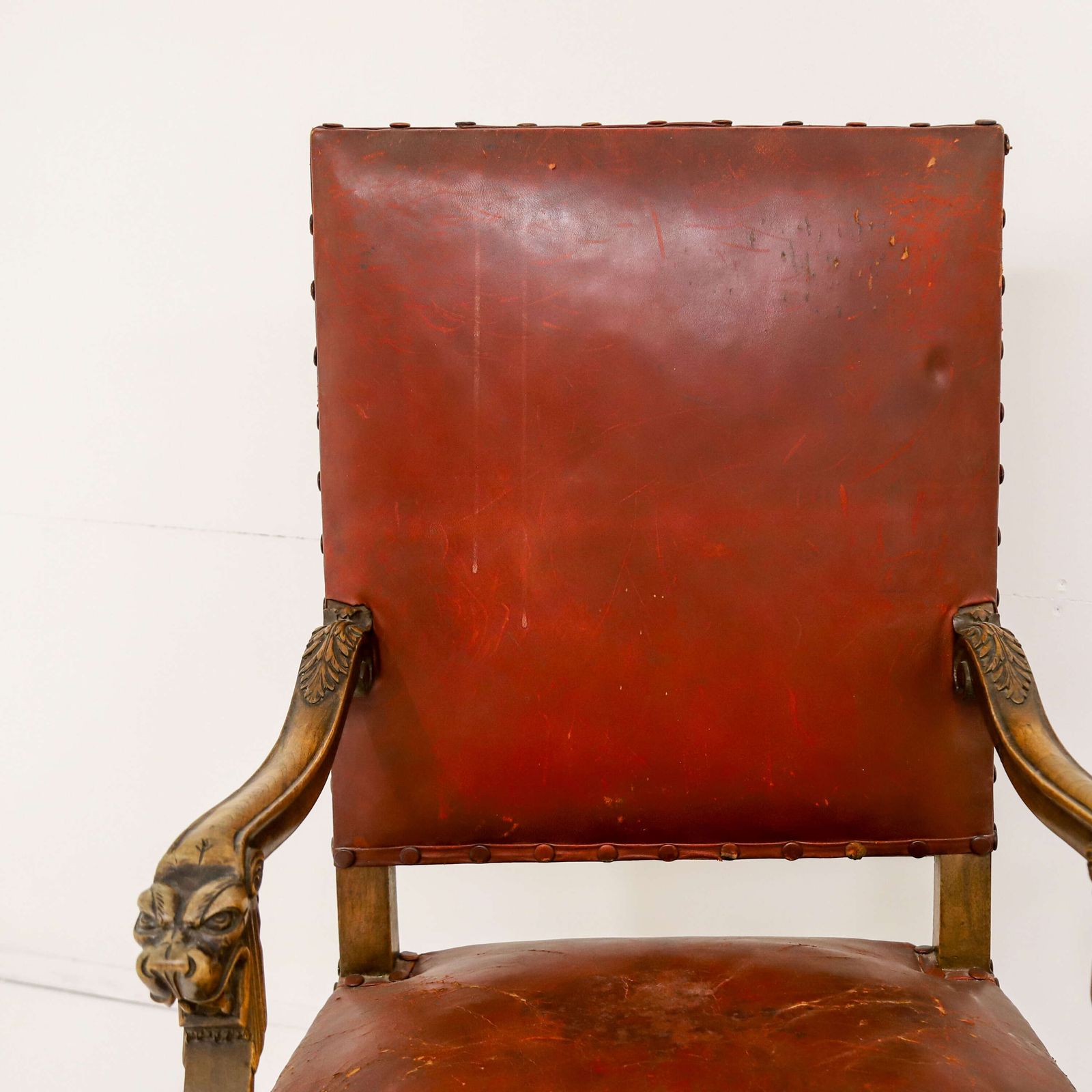 Pair Of French Louis XIV Style Mahogany Lion Head Fauteuils With Distressed Leather photo vintage