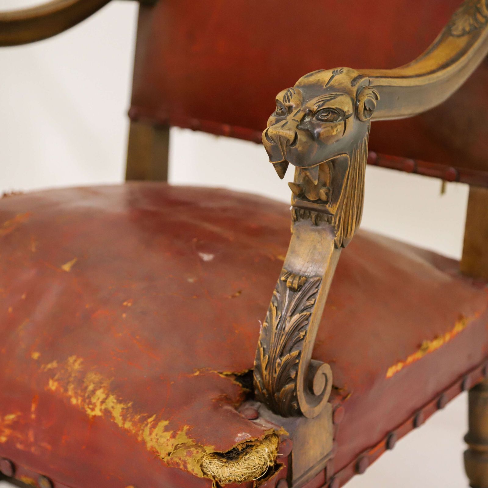 photo furniture Pair Of French Louis XIV Style Mahogany Lion Head Fauteuils With Distressed Leather