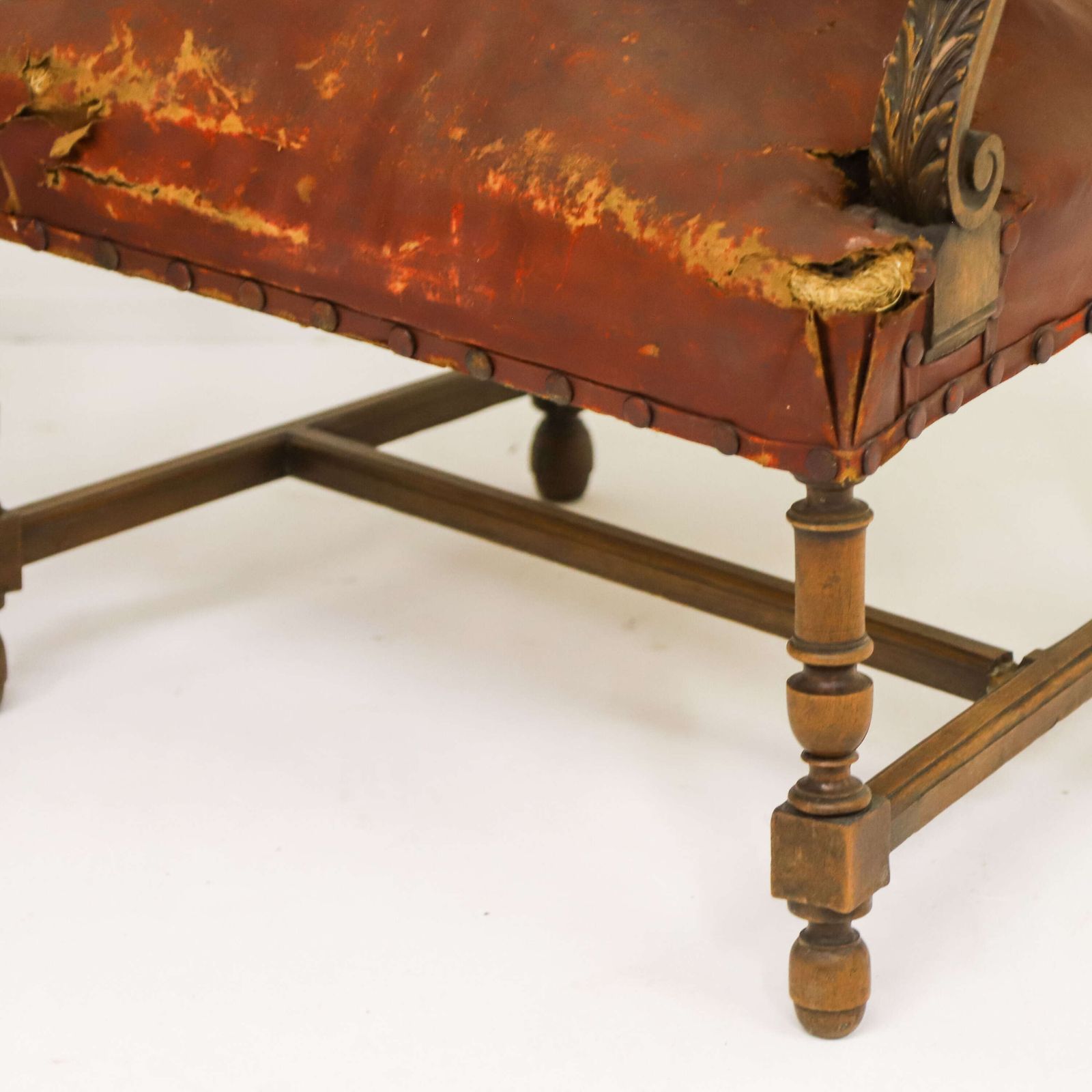 photo vintage Pair Of French Louis XIV Style Mahogany Lion Head Fauteuils With Distressed Leather