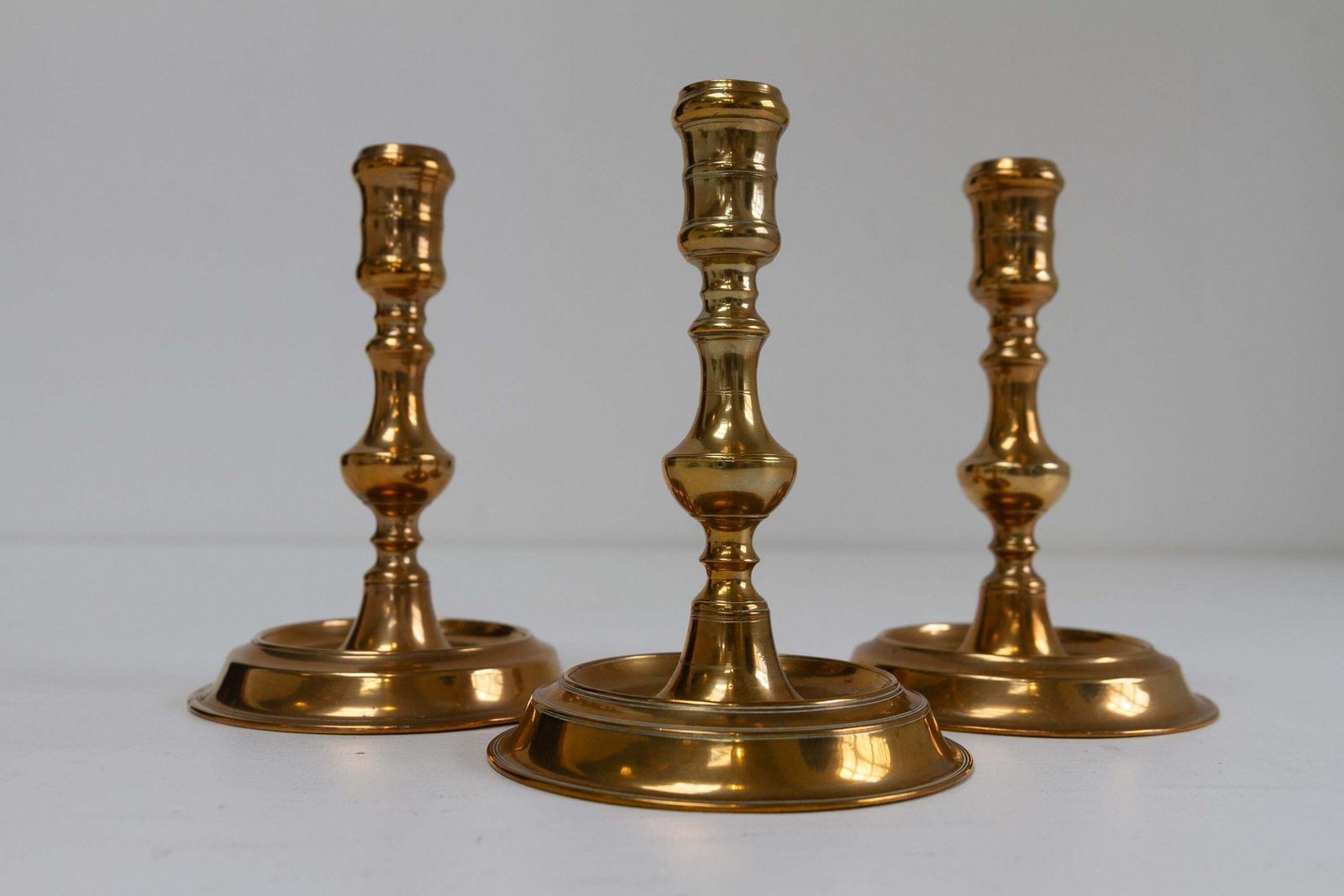 Antique Danish "Næstved" Brass Candlesticks Circa 1780. Set Of 3. photo for sale