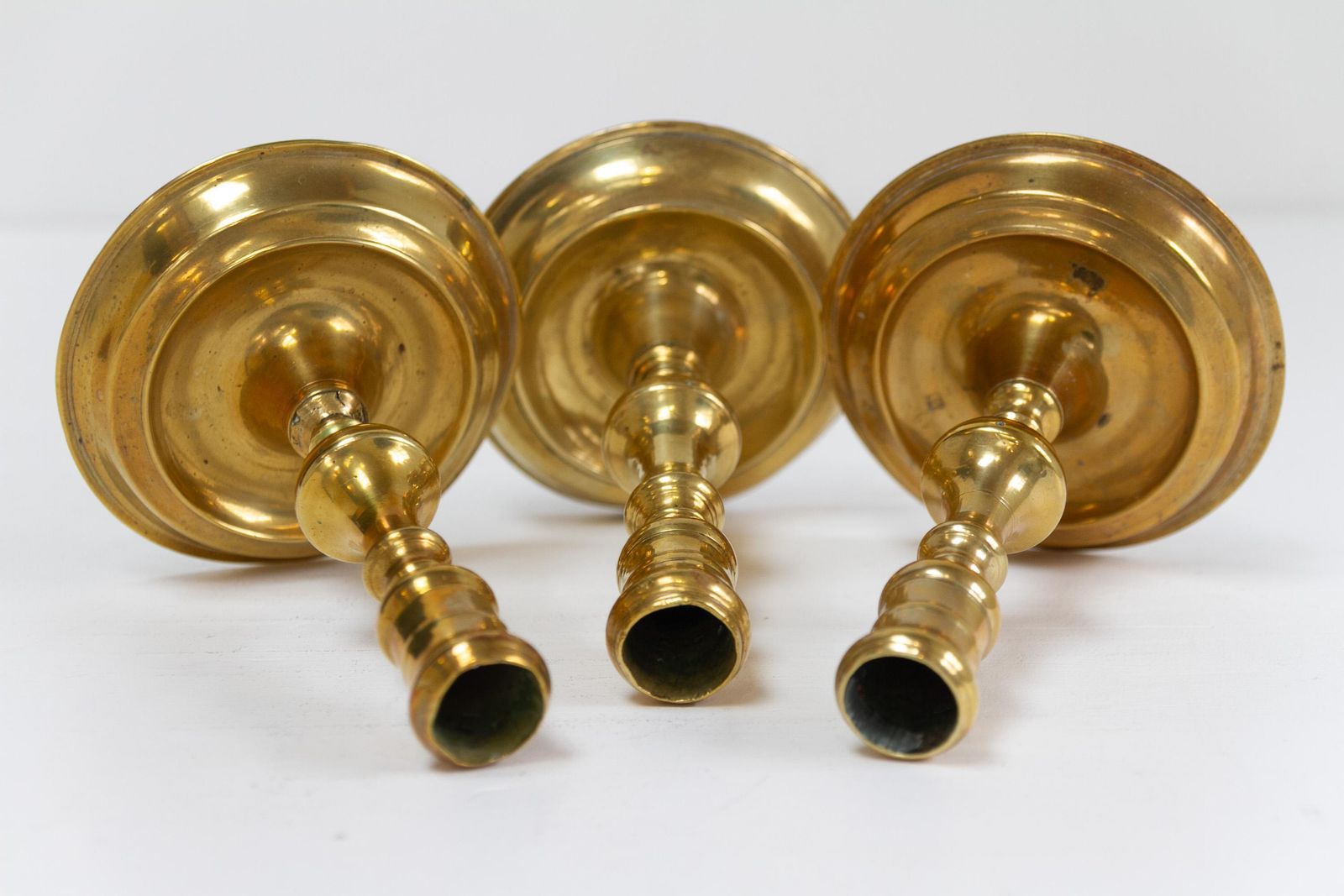 Antique Danish "Næstved" Brass Candlesticks Circa 1780. Set Of 3. photo vintage