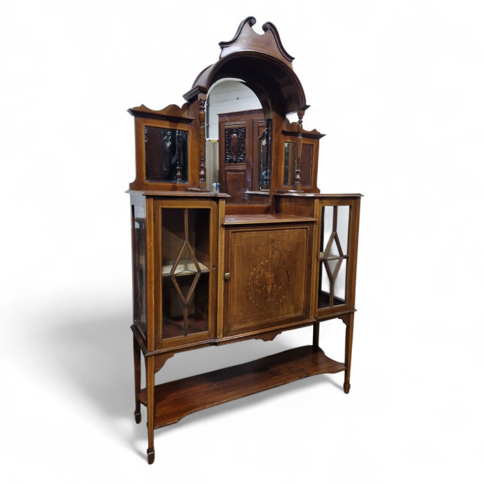 Edwardian Display Cabinet Glazed Inlaid Mahogany China Cabinet With Mirror Back