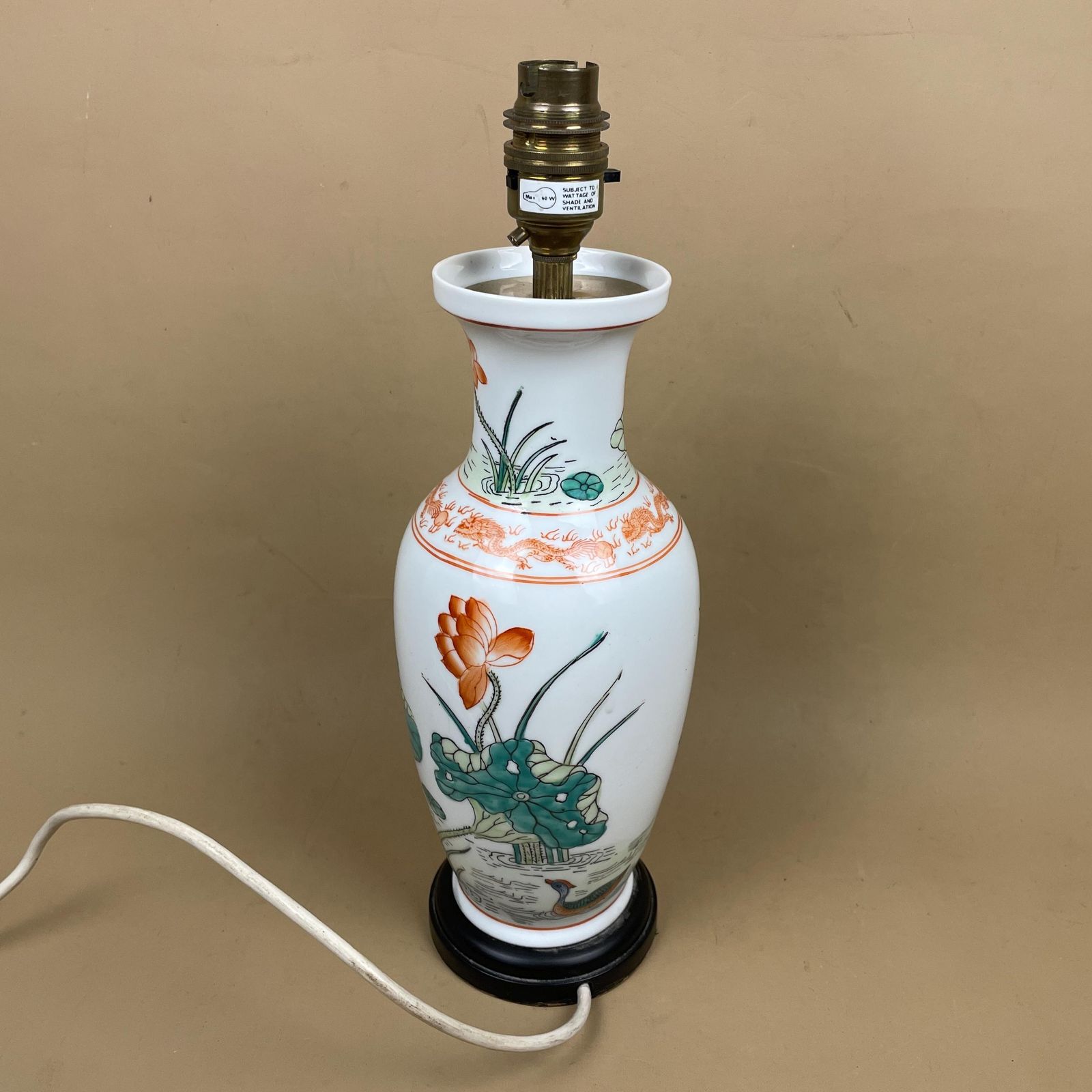 Oriental Ceramic Lamp Light Bedside Table Hand Painted Floral Lily Pad Design Pattern Wood Base Chinese Vase White Antique Brass Vintage photo buy