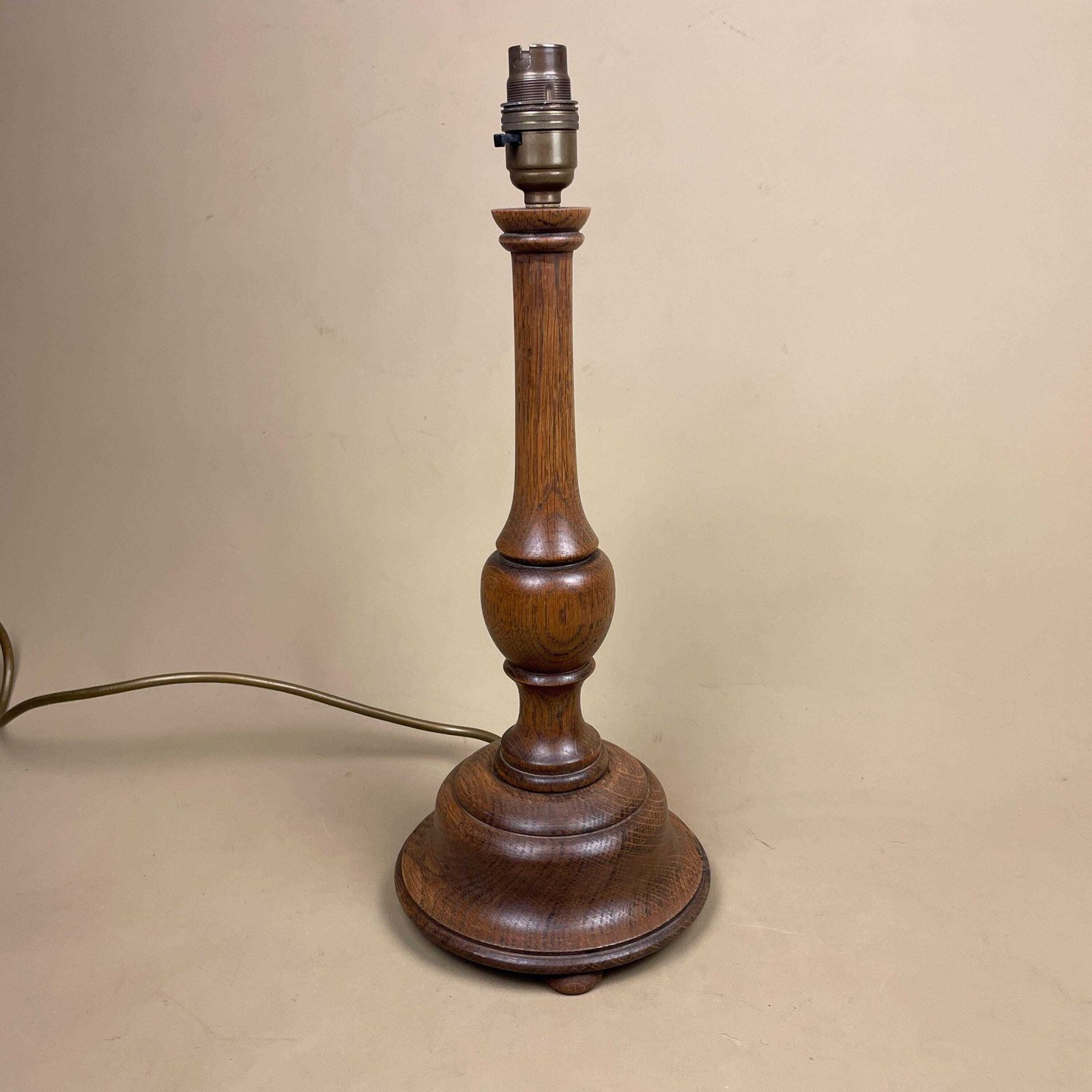Turned Wood Lamp Wooden Bedside Table Light Antique Brown Elegant Cottage Farmhouse Country Medium Tall Column Round Base photo Lighting