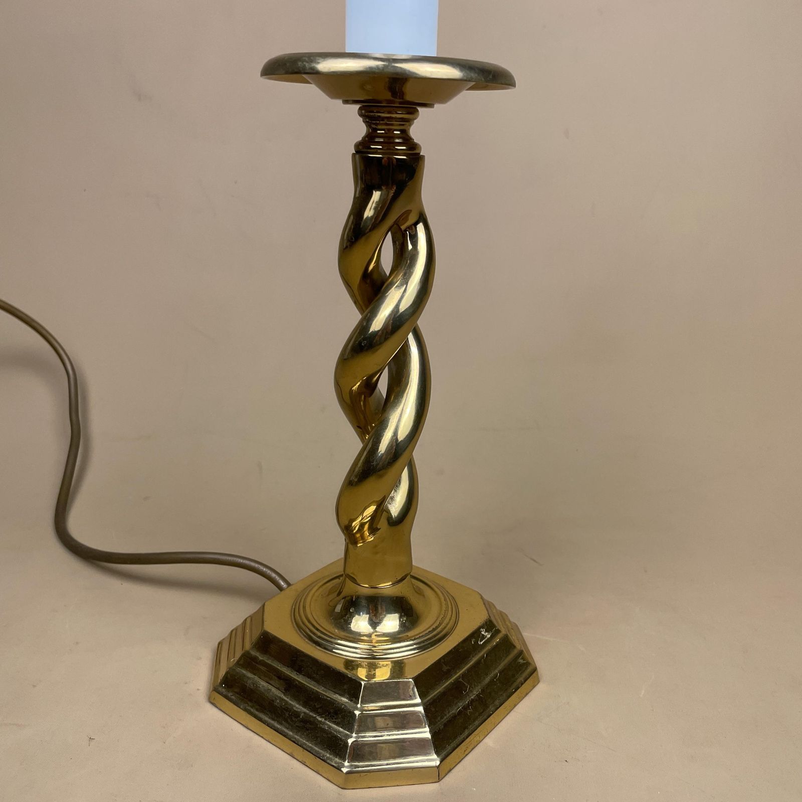 Antique Metal Gold Brass Lamp Light Bedside Side Table Desk Column Ornate Detail Square Base Twisted Twist Medium Vintage Chunky Candlestick photo furniture
