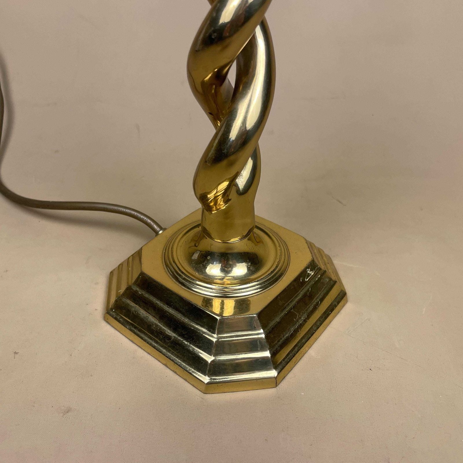 Antique Metal Gold Brass Lamp Light Bedside Side Table Desk Column Ornate Detail Square Base Twisted Twist Medium Vintage Chunky Candlestick photo for sale