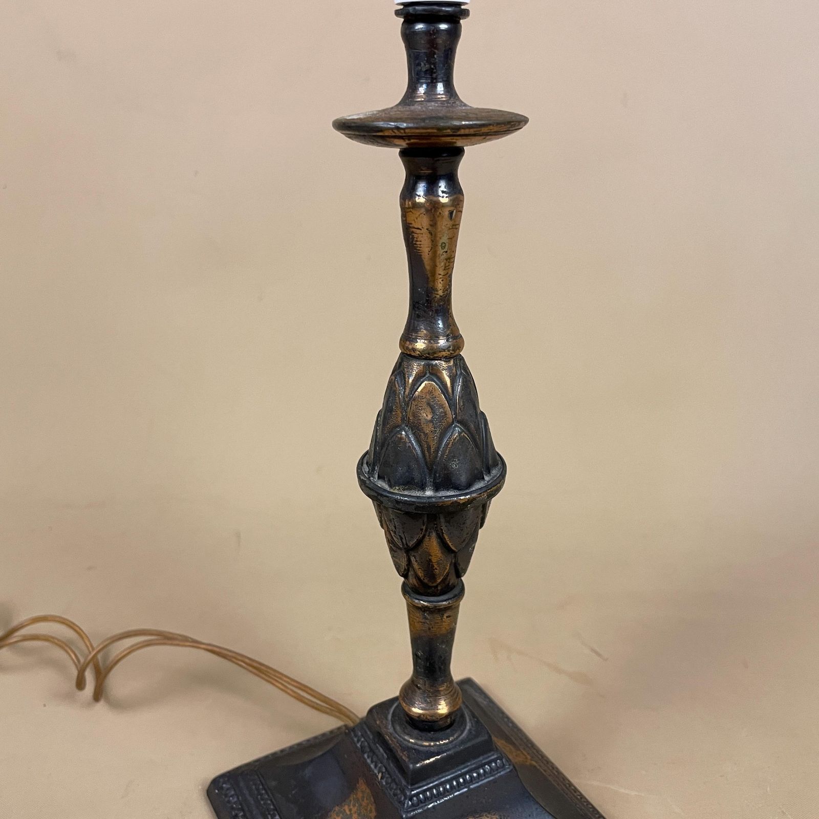 Antique Metal Copper Bronze Lamp Light Bedside Side Table Desk Column Ornate Detail Square Base Antique Medium Vintage Pattern Patterned photo furniture