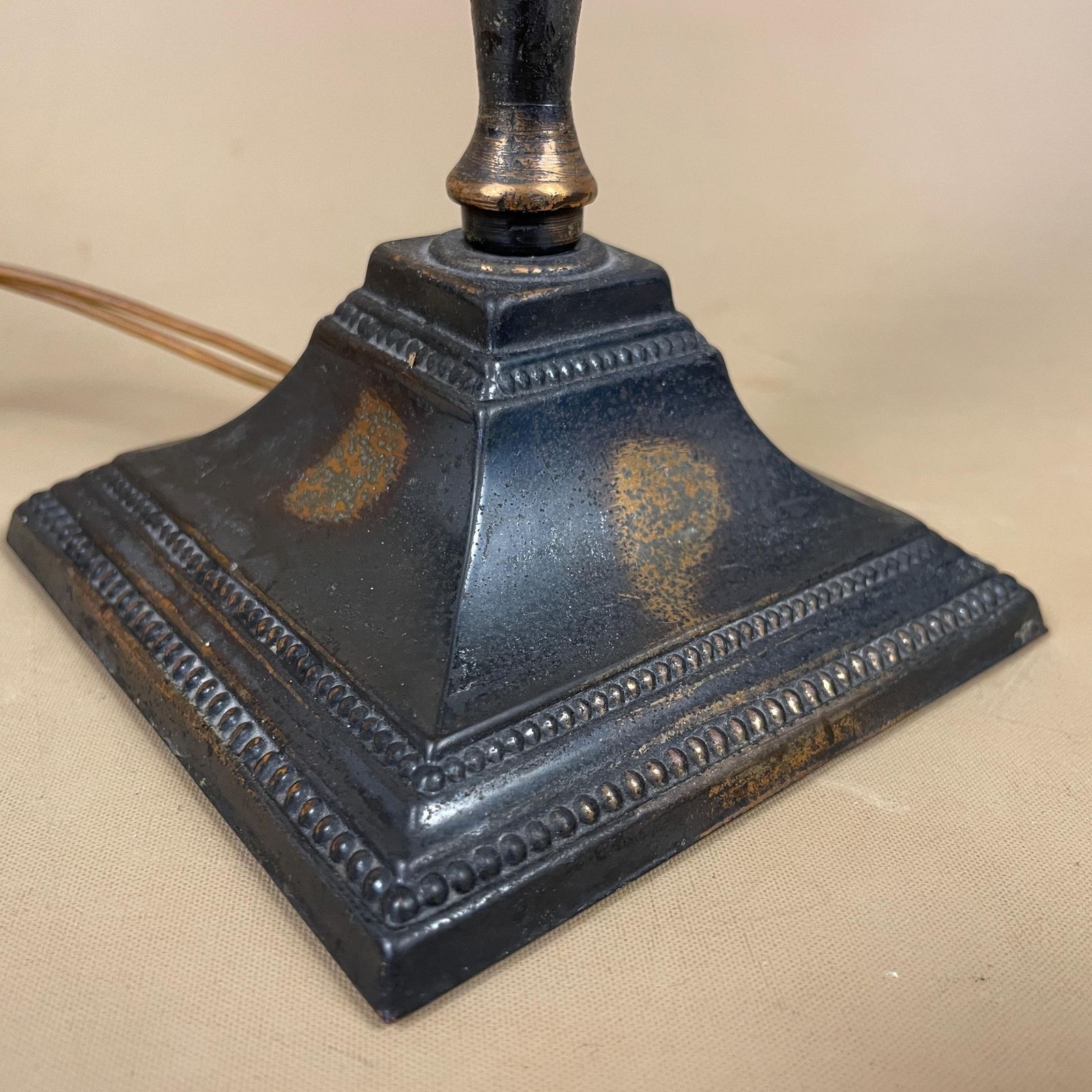 Antique Metal Copper Bronze Lamp Light Bedside Side Table Desk Column Ornate Detail Square Base Antique Medium Vintage Pattern Patterned photo 69.0