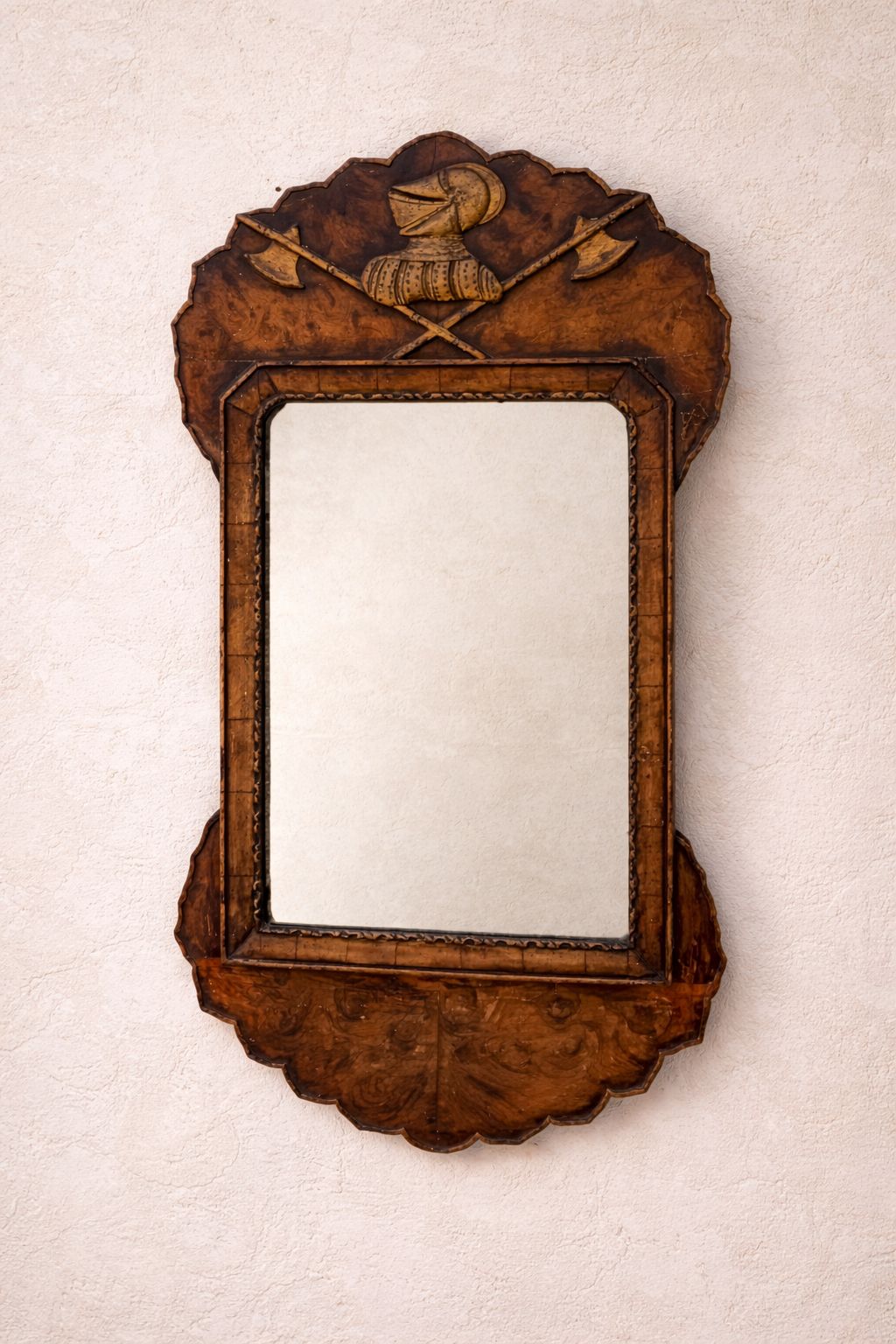 Antique Carved Walnut Mirror With Armorial Crest – C.1880–1900