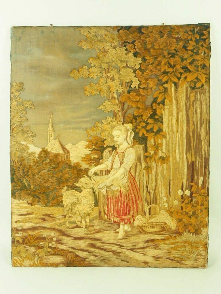 Charming Antique ‘Royal College Of Needle Art’ Wool And Silk Tapestry