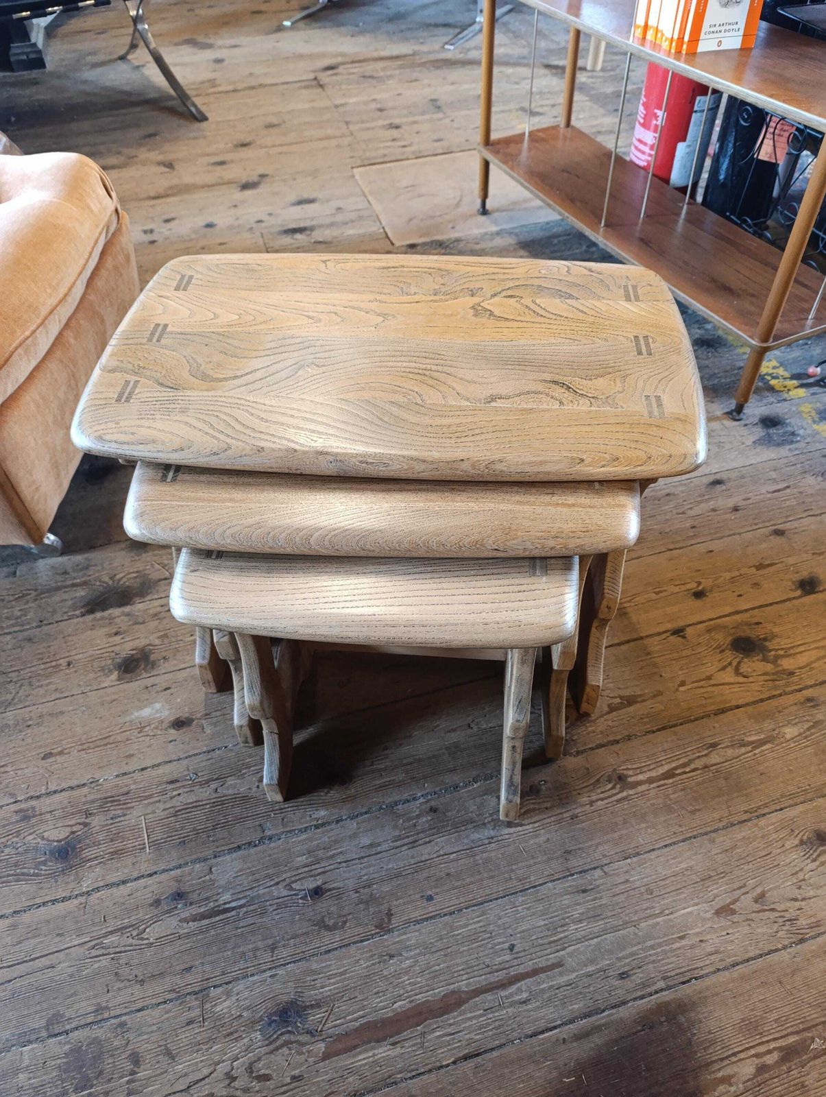 Ercol Blonde Nest Of Three Tables | Mid Century Elm & Beech photo for sale