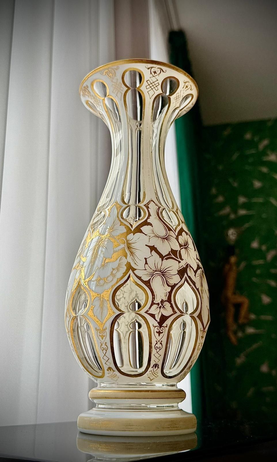 Antique Bohemian White Overlay Glass Vase, 19th Century photo buy