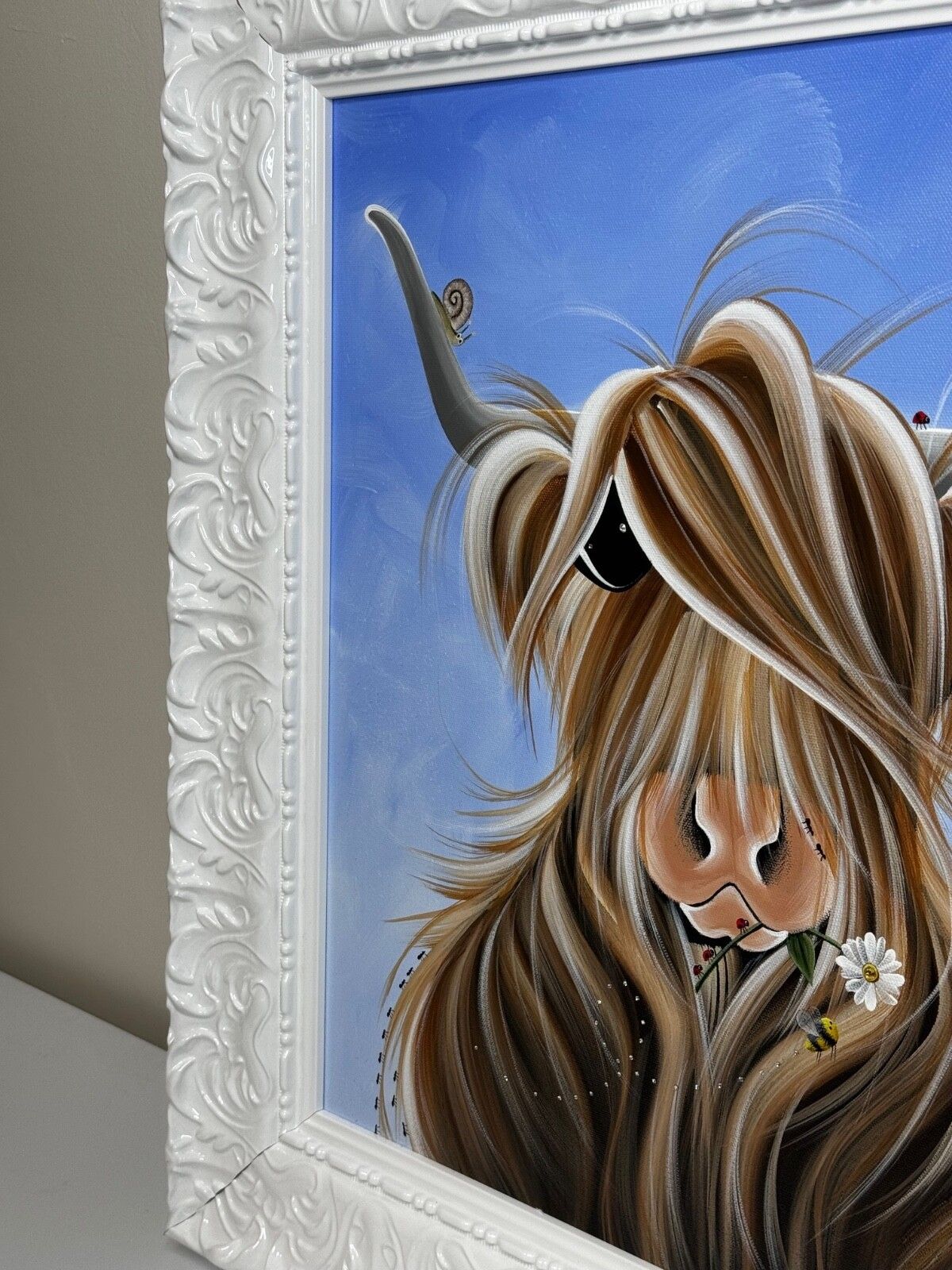Expressionist Highland Horned Female Cow Oil Painting Mcmoo With Garden Insects photo for sale