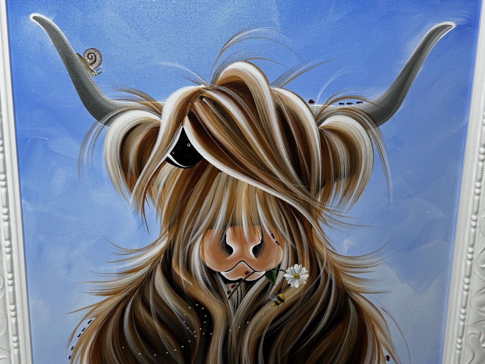 photo furniture Expressionist Highland Horned Female Cow Oil Painting Mcmoo With Garden Insects