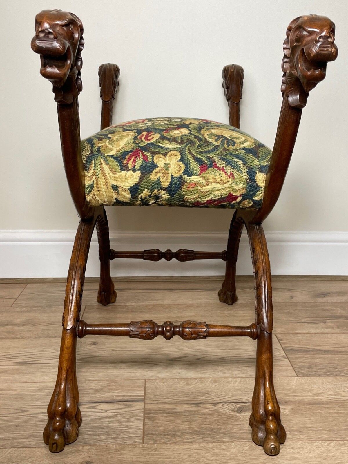 Victorian Curved X Frame Carved Walnut Window Seat Stool Hunting Dog Heads photo furniture