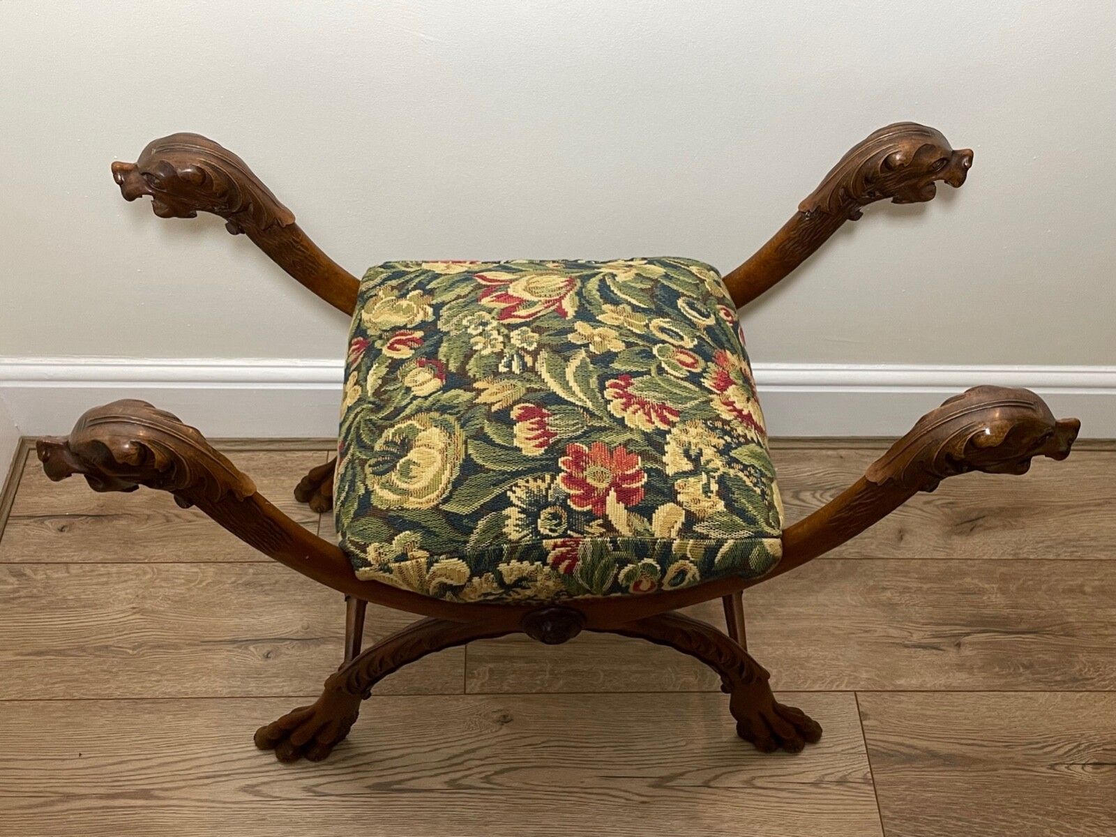 Victorian Curved X Frame Carved Walnut Window Seat Stool Hunting Dog Heads photo 4500.0