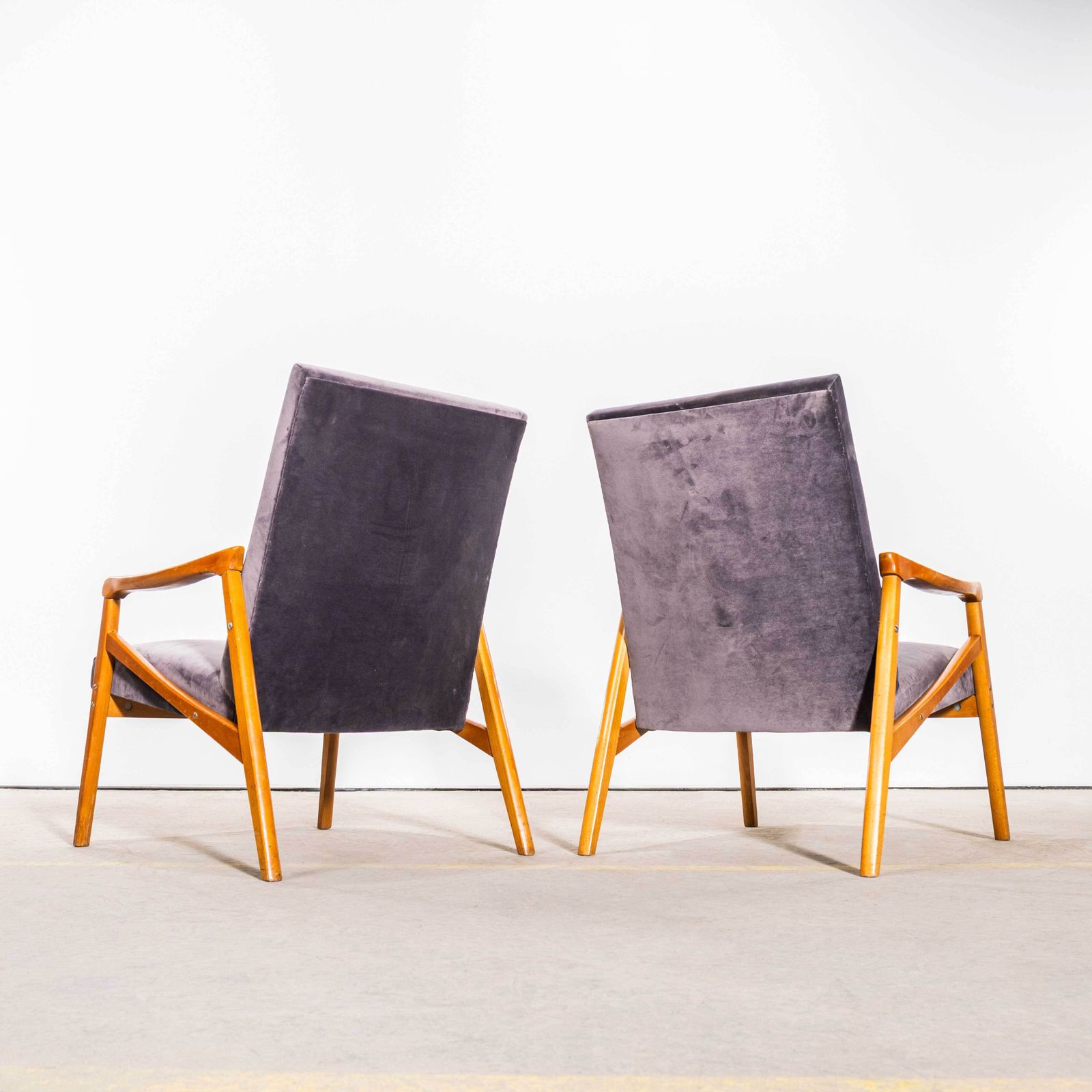 photo for sale 1950's Jaroslav Smidek Original Re Upholstered Armchairs   Grey Cotton Velvet With Light Frame