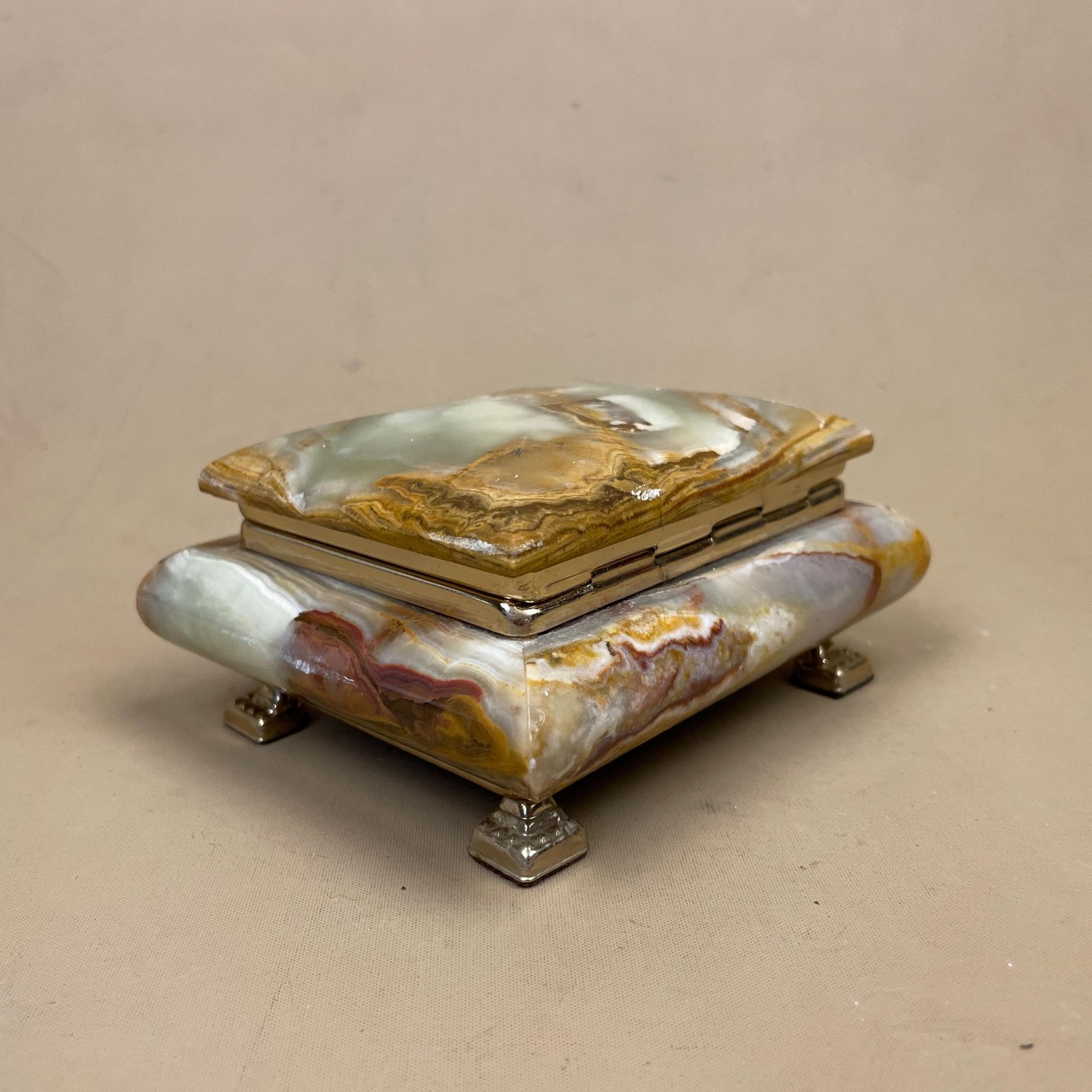 Green Onyx Jewellery Box Trinket Keepsake Stone Marble Hinged Lid Velvet Lined Small Dressing Table Decor Brass Feet Ring Holder photo 65.0