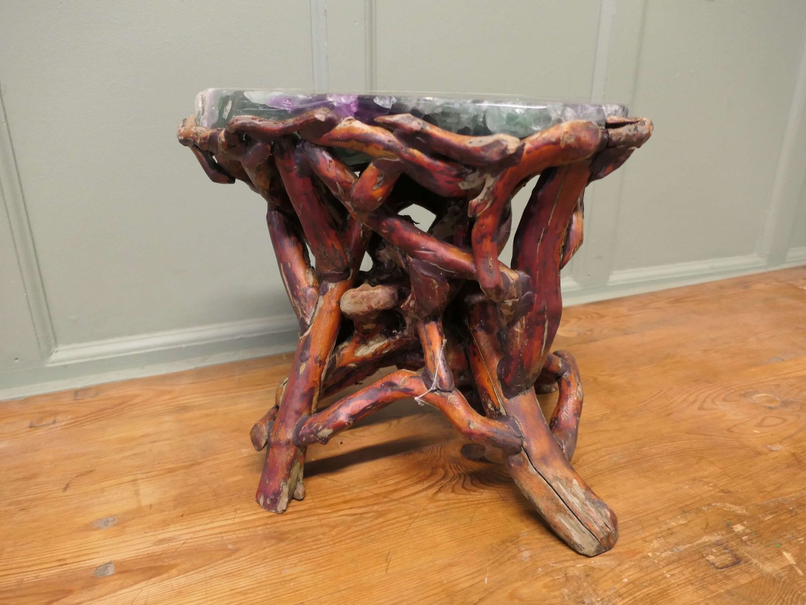 Agate Slab Set On Very Unusual Carved Root Stand This Is A Natural Agate Slab In Green photo Home Decor