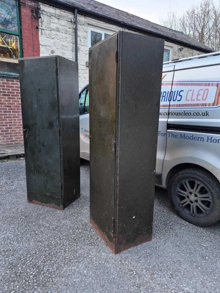 Pair Of Vintage Roneo Mid Century Industrial Filing Locker Cabinets Green Metal photo for sale