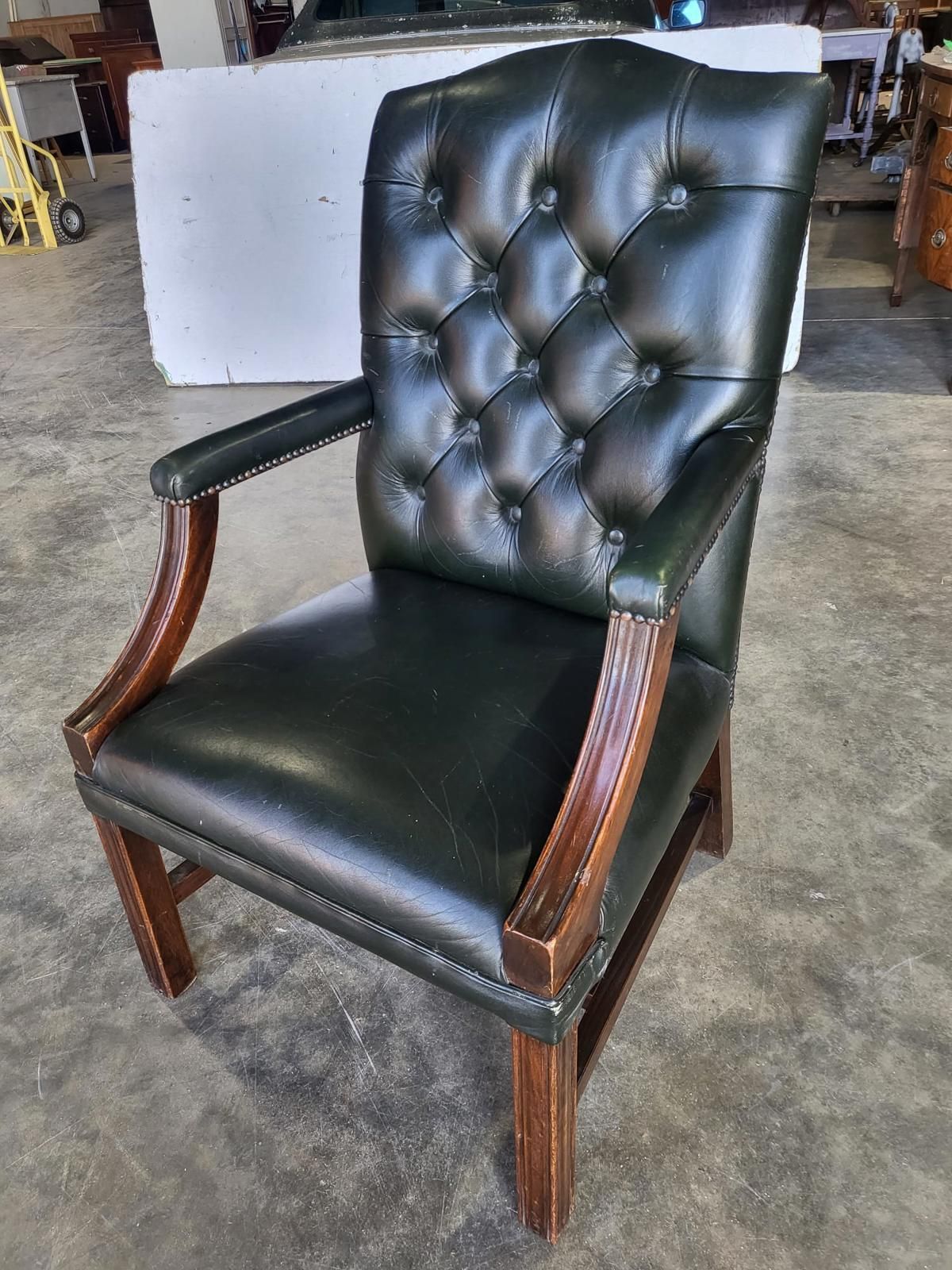 Antique Repro Green Leather Button Back Open Armchair photo for sale
