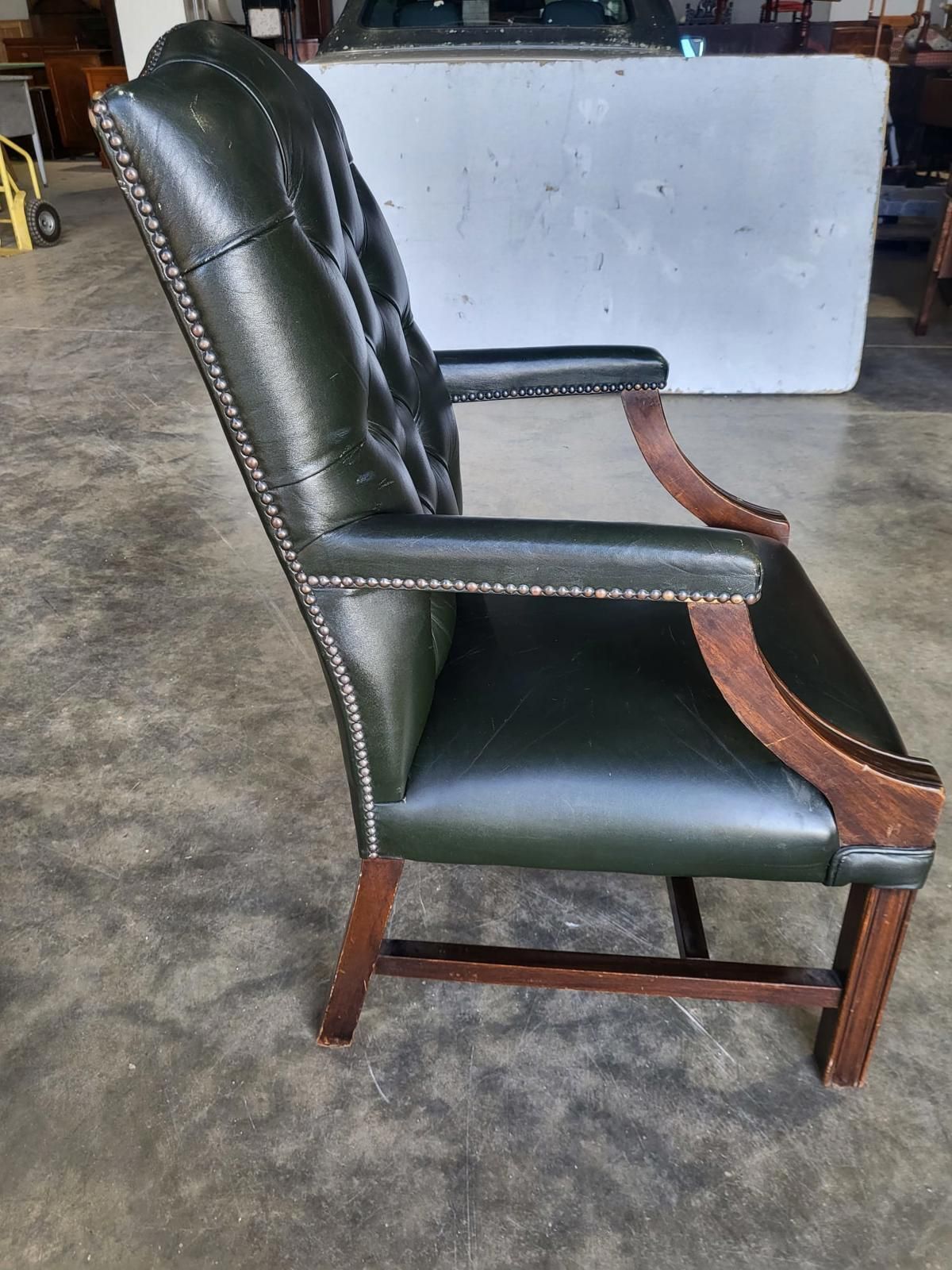Antique Repro Green Leather Button Back Open Armchair photo 195.0