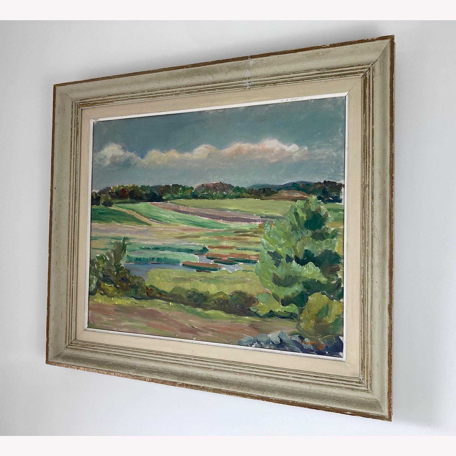 photo furniture Summer Fields Landscape   Large Vintage Scandinavian Original Oil On Board Painting Dated 1939