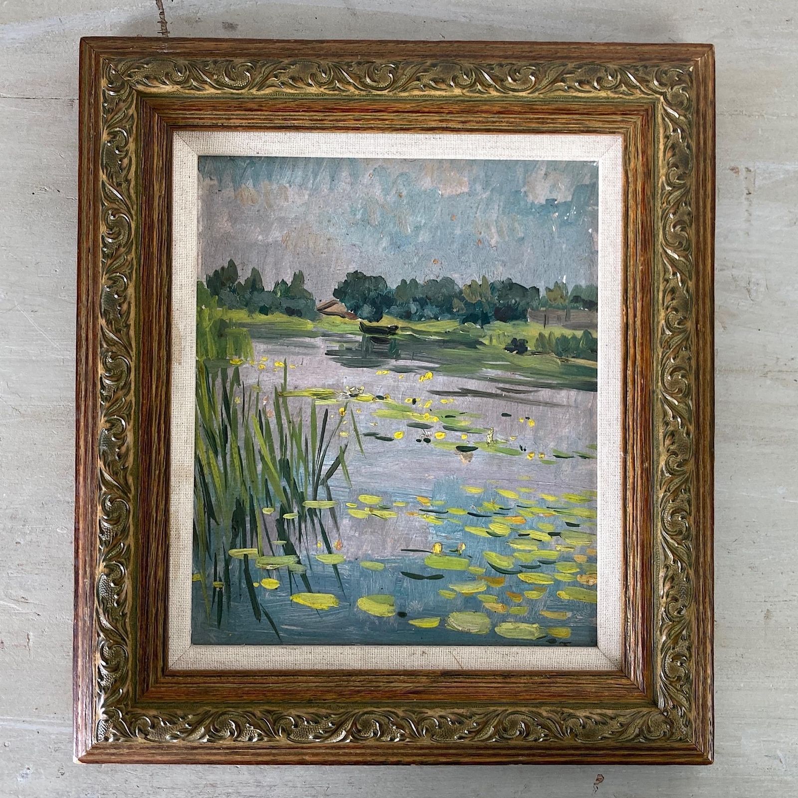 Waterlilies   Small Antique Original European Impressionist Oil Painting Of A River Scene photo furniture