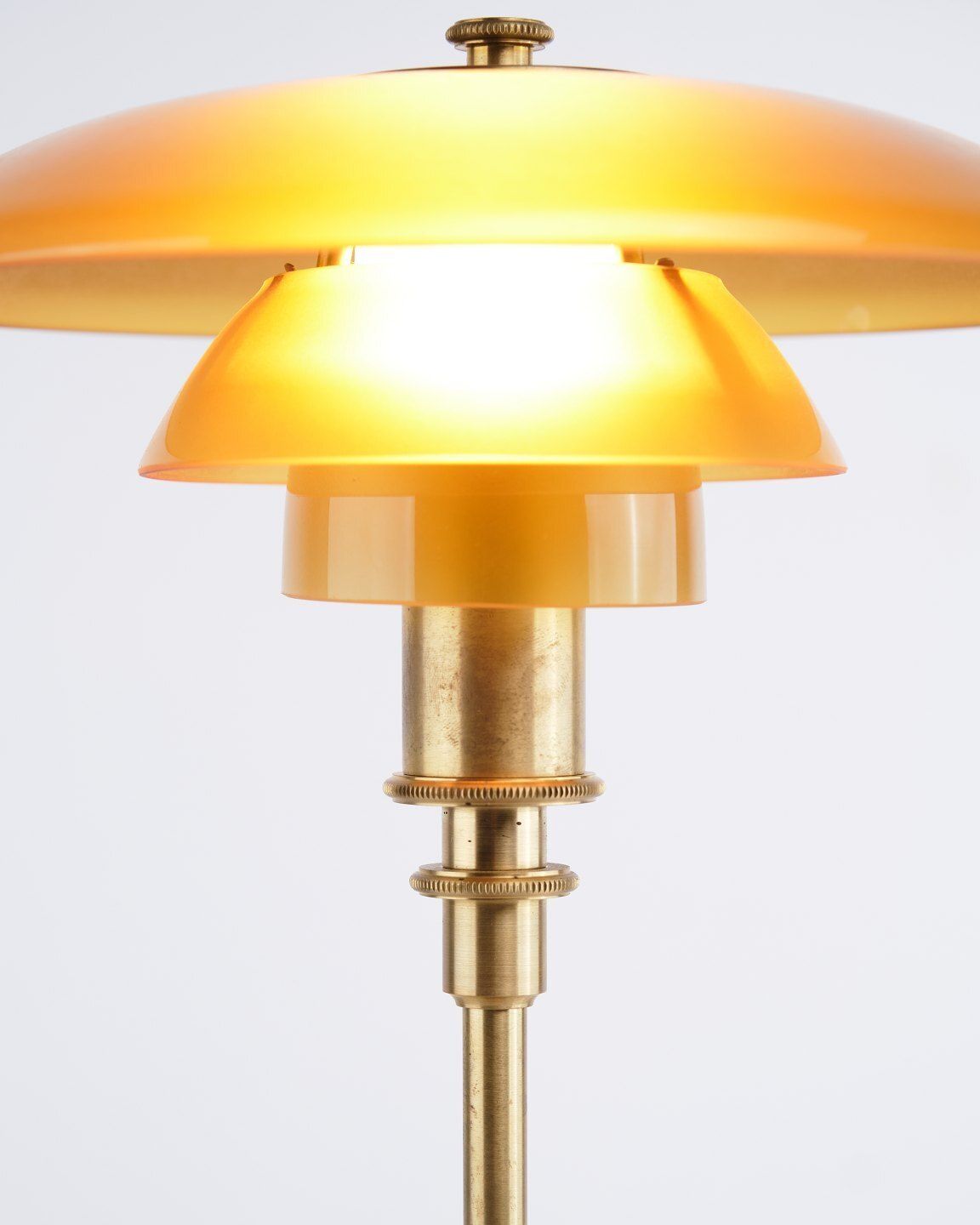 Poul Henningsen Table Lamp Model Ph 2/1 Limited Edition In Brass With Amber Shades, Louis Poulsen photo for sale