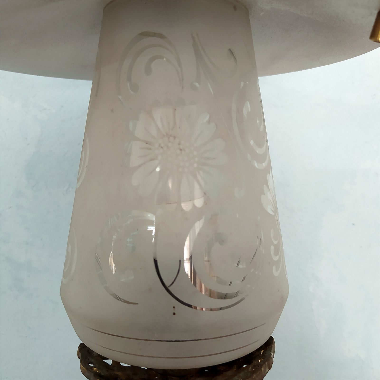 1930's Art Nouveau Brass And Etched Glass Wall Lights. photo for sale