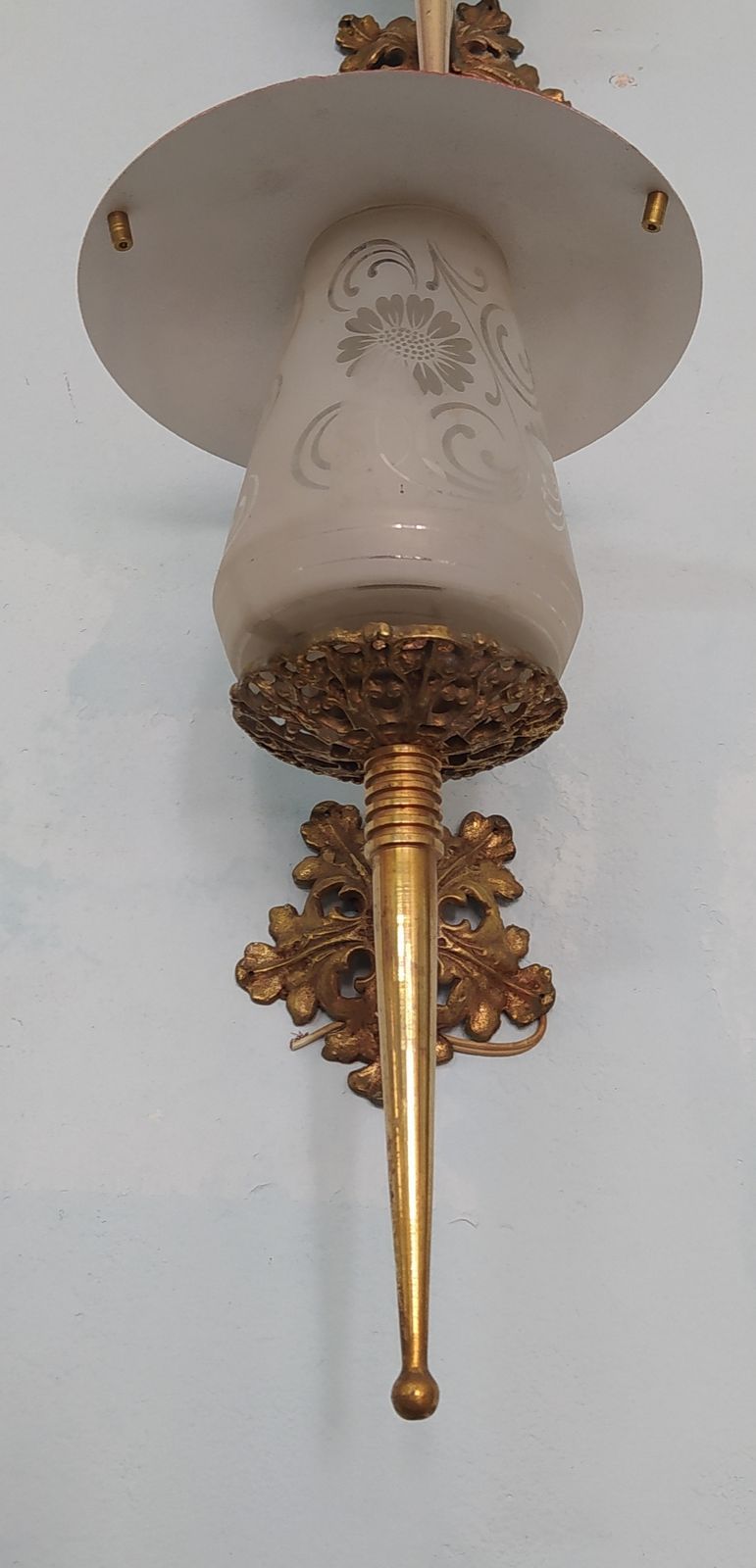 photo furniture 1930's Art Nouveau Brass And Etched Glass Wall Lights.