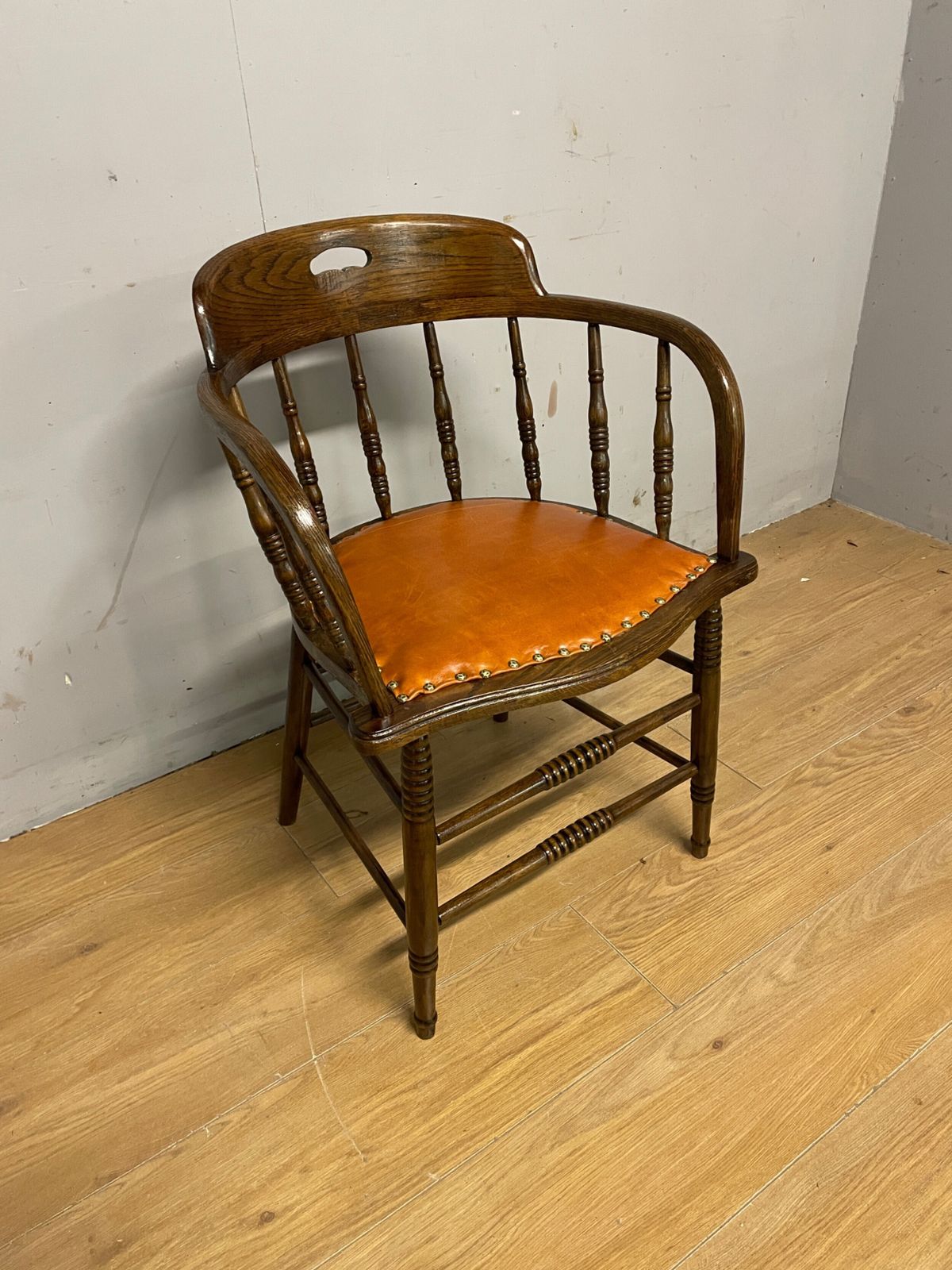 Edwardian Oak And Beech Desk Chair With Tan Hide Seat photo furniture