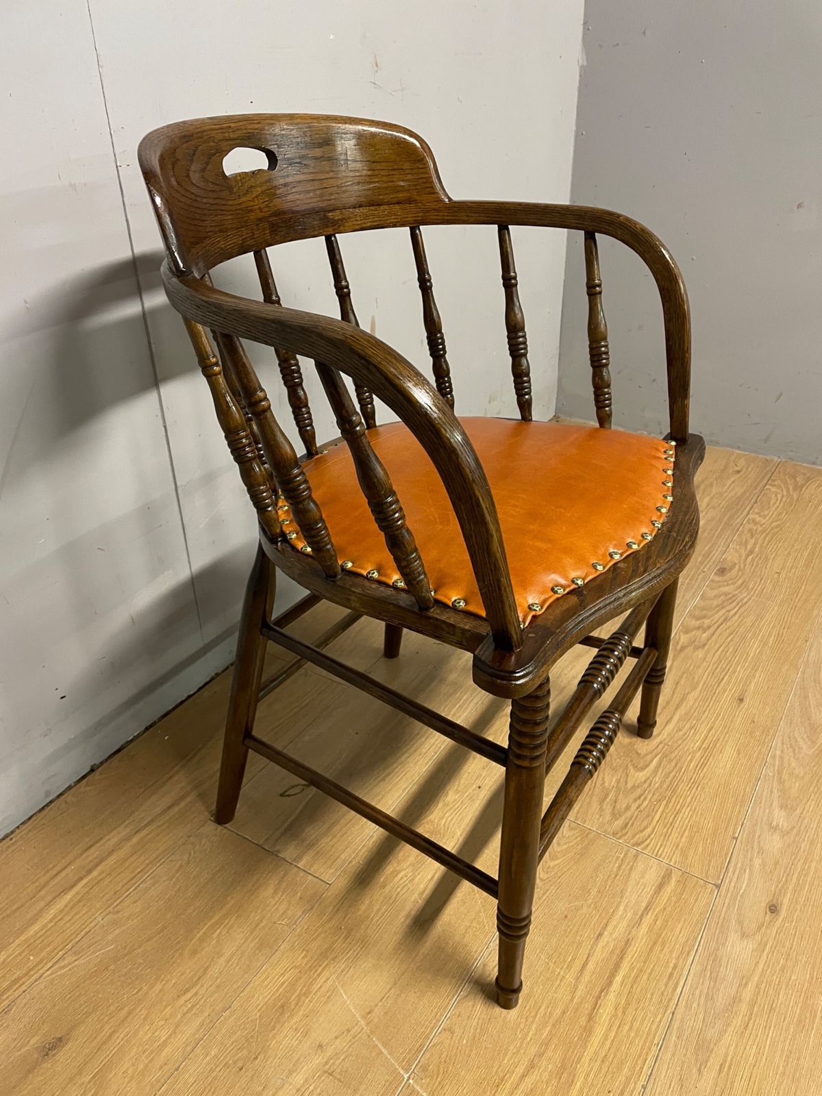 Edwardian Oak And Beech Desk Chair With Tan Hide Seat photo for sale