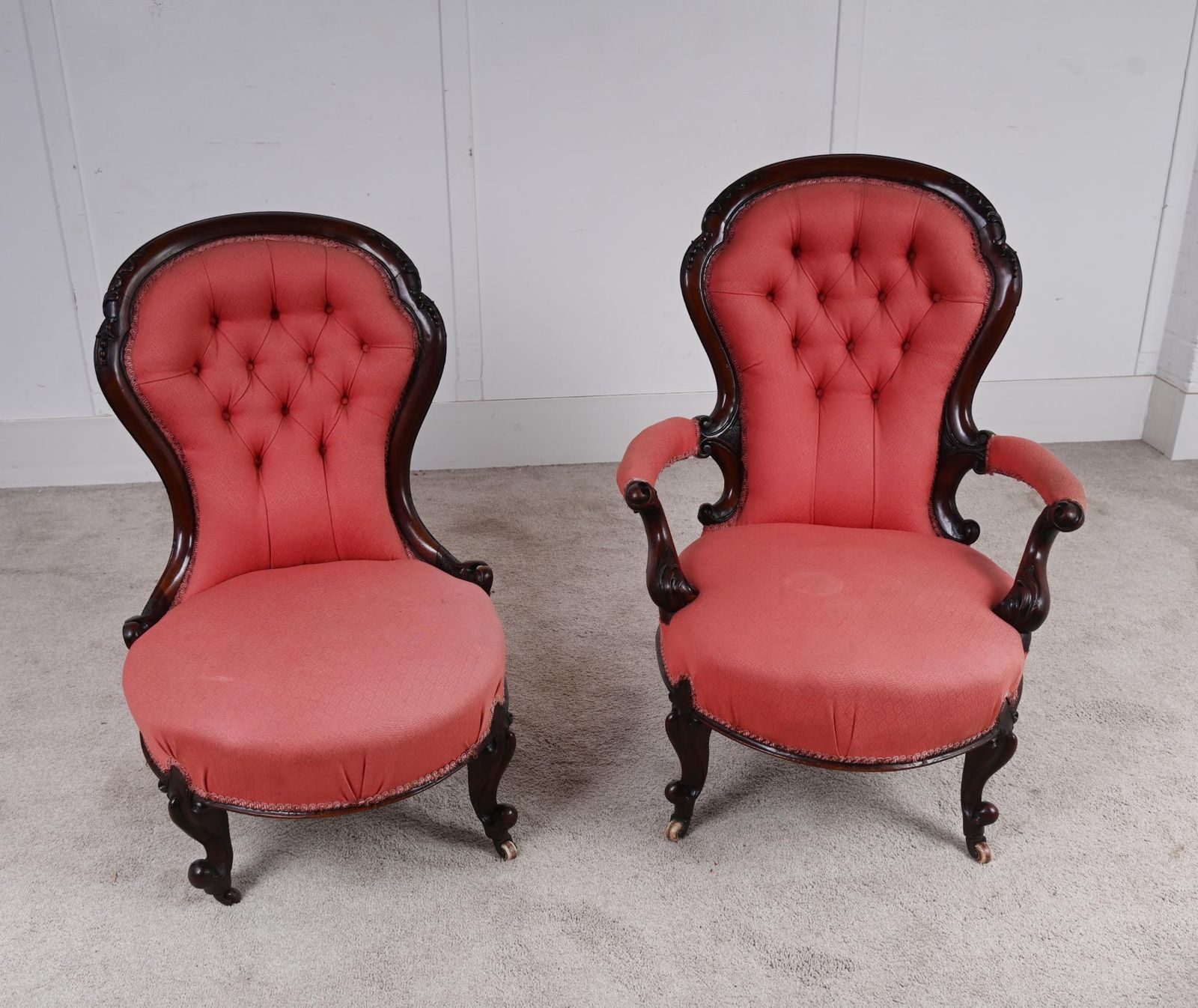 Pair Victorian Balloon Back Armchair Side Chair His And Hers Parlour Salon photo for sale