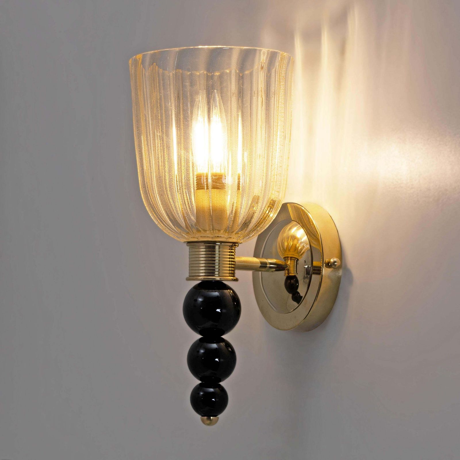 Pair Of Italian Murano Glass Wall Sconces With Gold Dust Inclusions And Brass photo vinterior