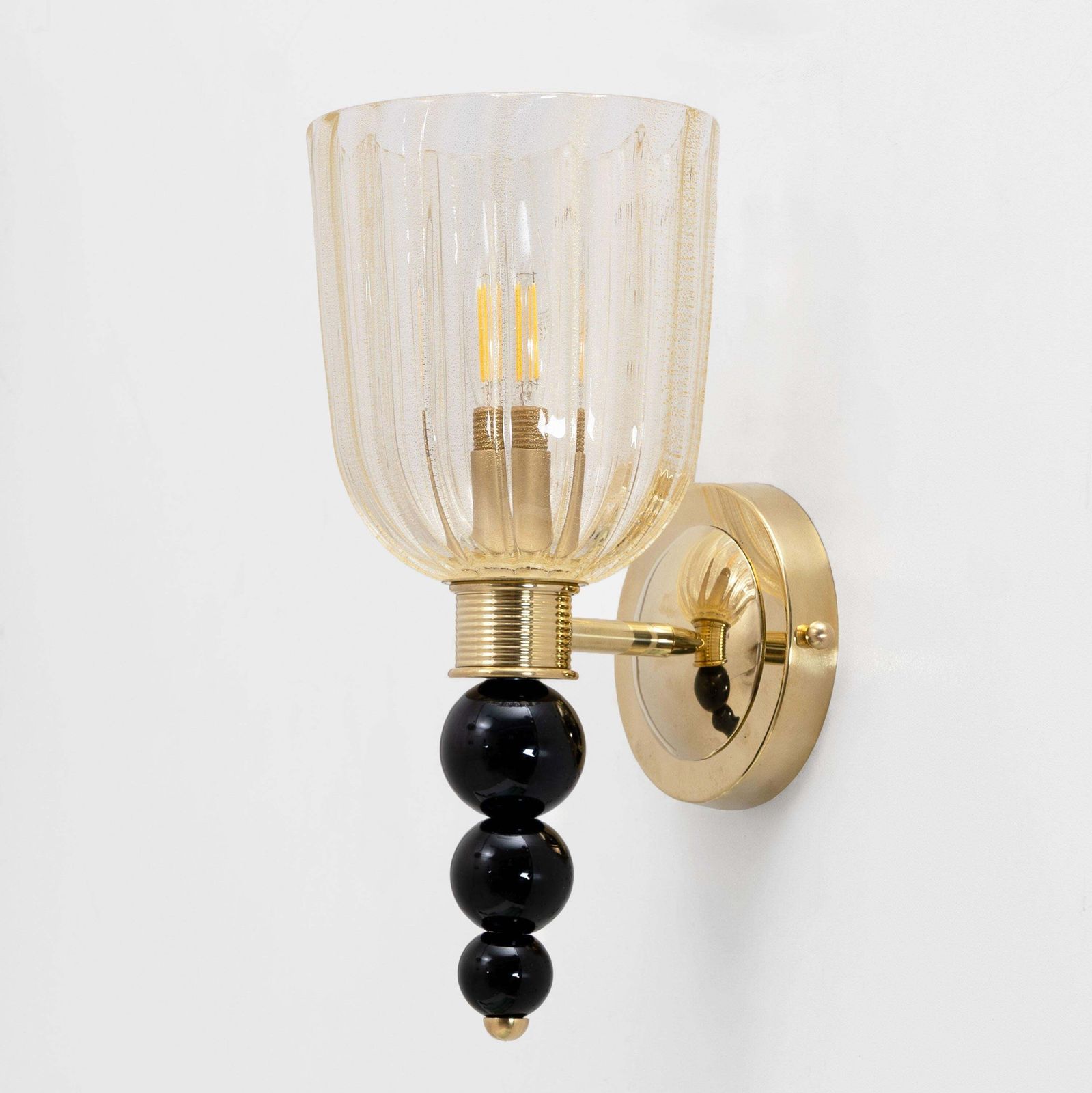 Pair Of Italian Murano Glass Wall Sconces With Gold Dust Inclusions And Brass photo vintage