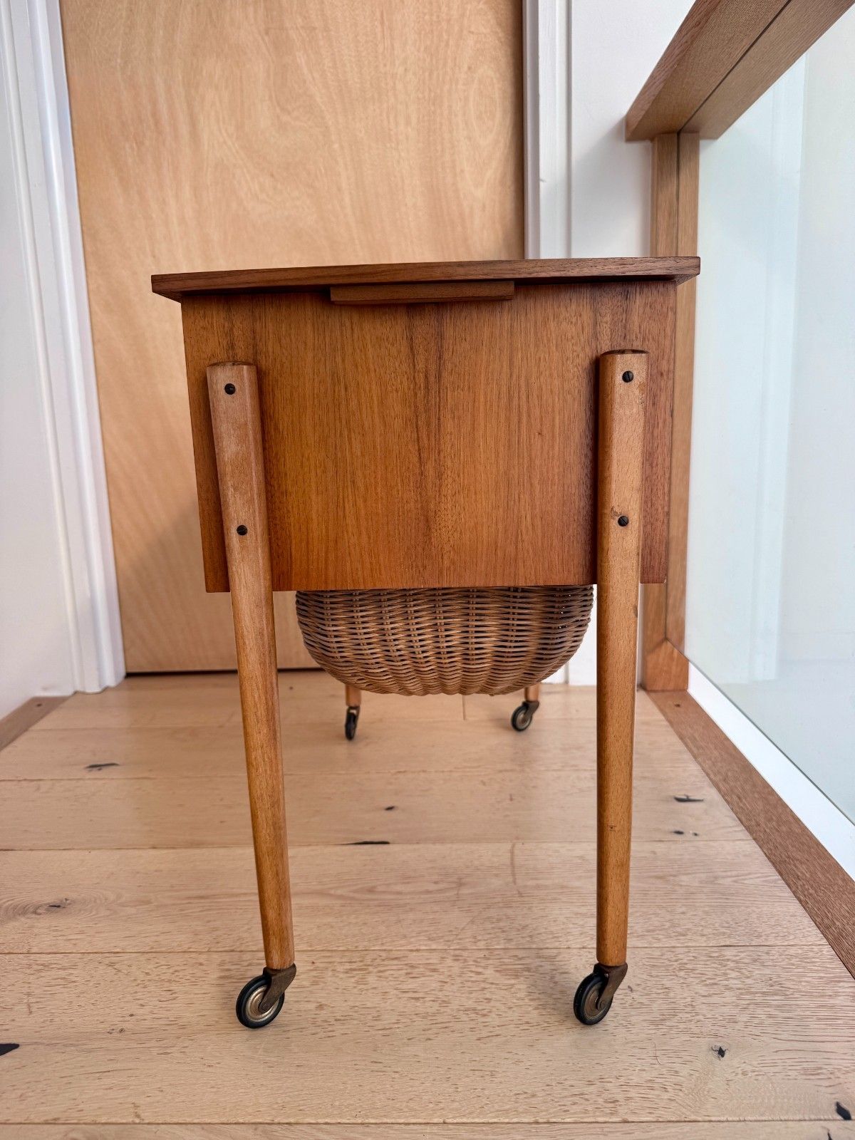Vintage Danish Sewing Trolley With Sliding Doors, Drawer And Wicker Wool Basket photo vintage