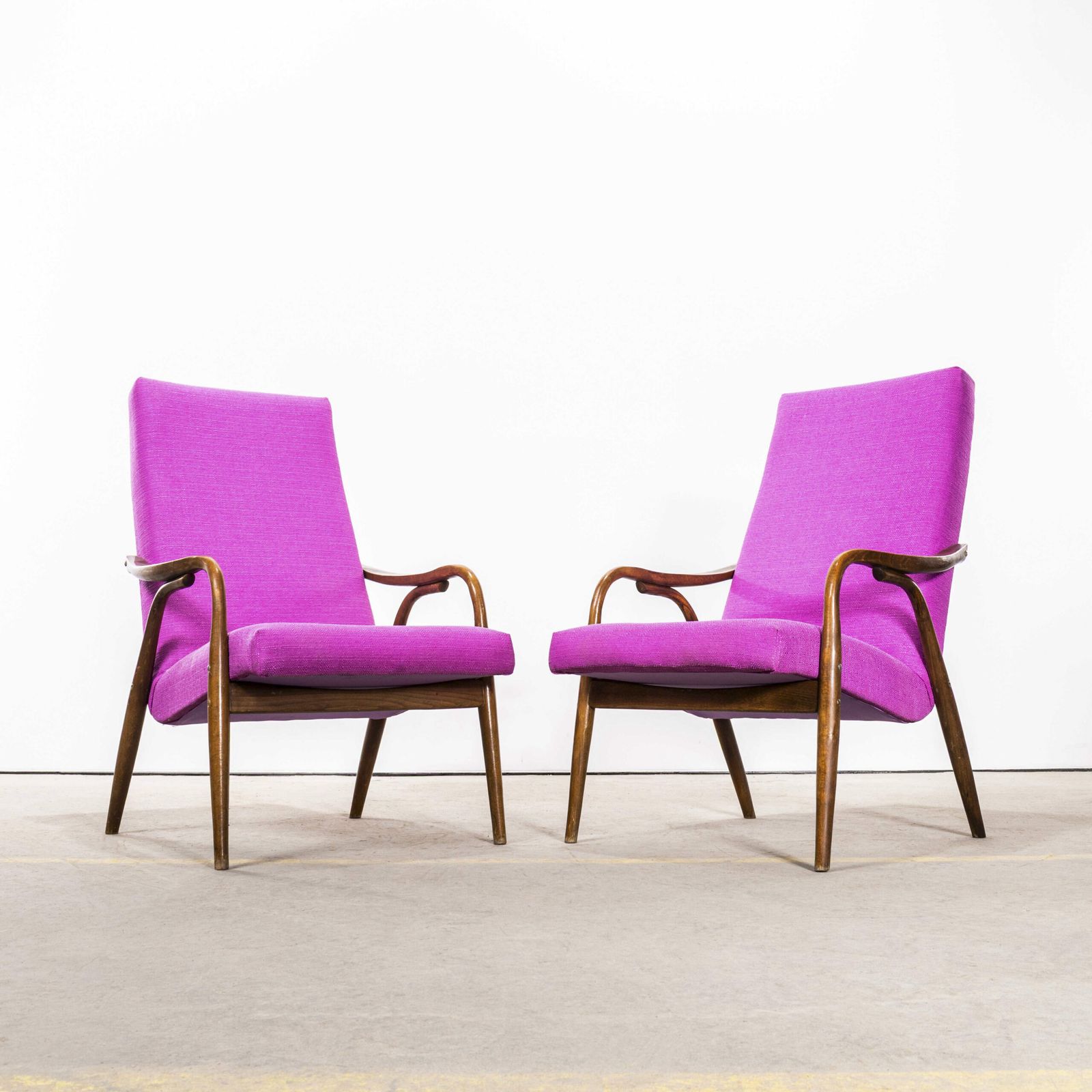 1950’s Mid Century Pink Upholstered Armchairs With Straight Arms And Top Caps photo for sale