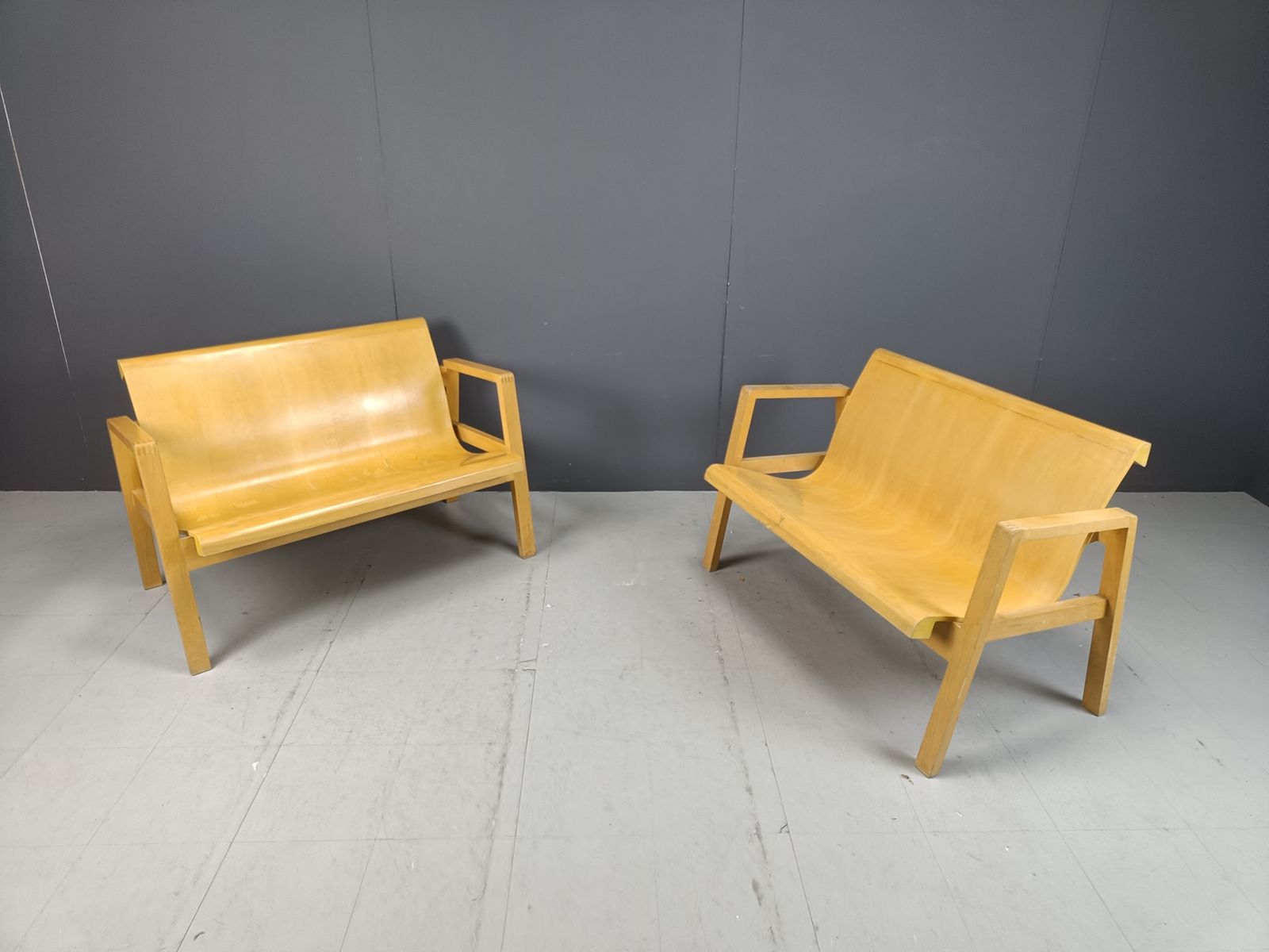 Mid Century Plywood Benches In The Manner Of Alvar Aalto, 1960   Set Of 2 photo for sale