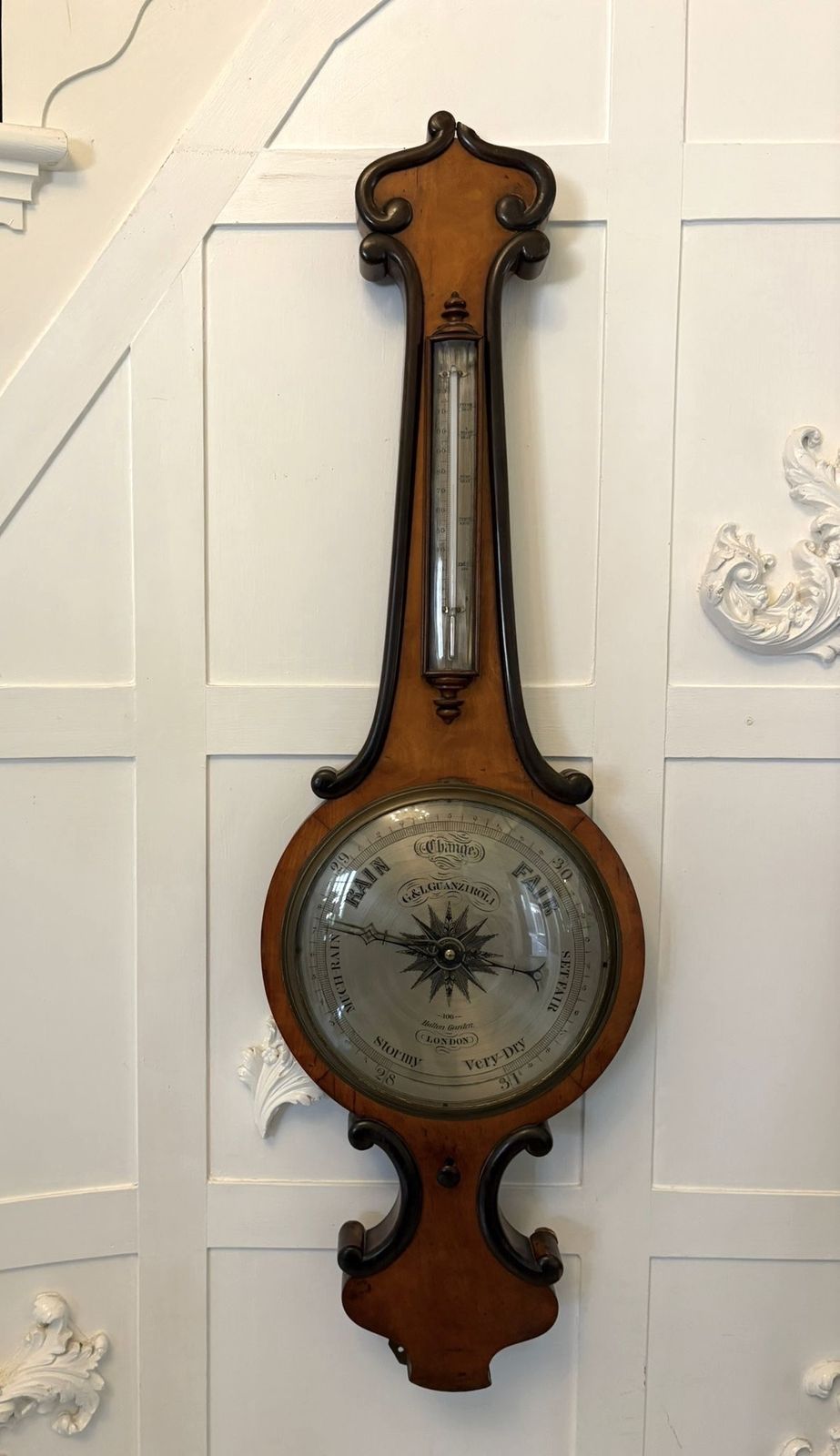 Antique 19th Century English Walnut Wheel Barometer By G & L Guanziroli London