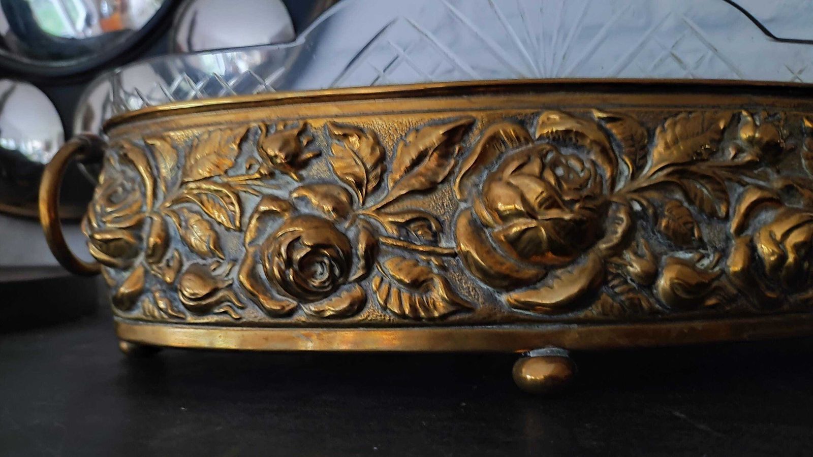 photo buy Antique French Brass & Crystal Jardiniere   Elegant Centerpiece Fruit Bowl
