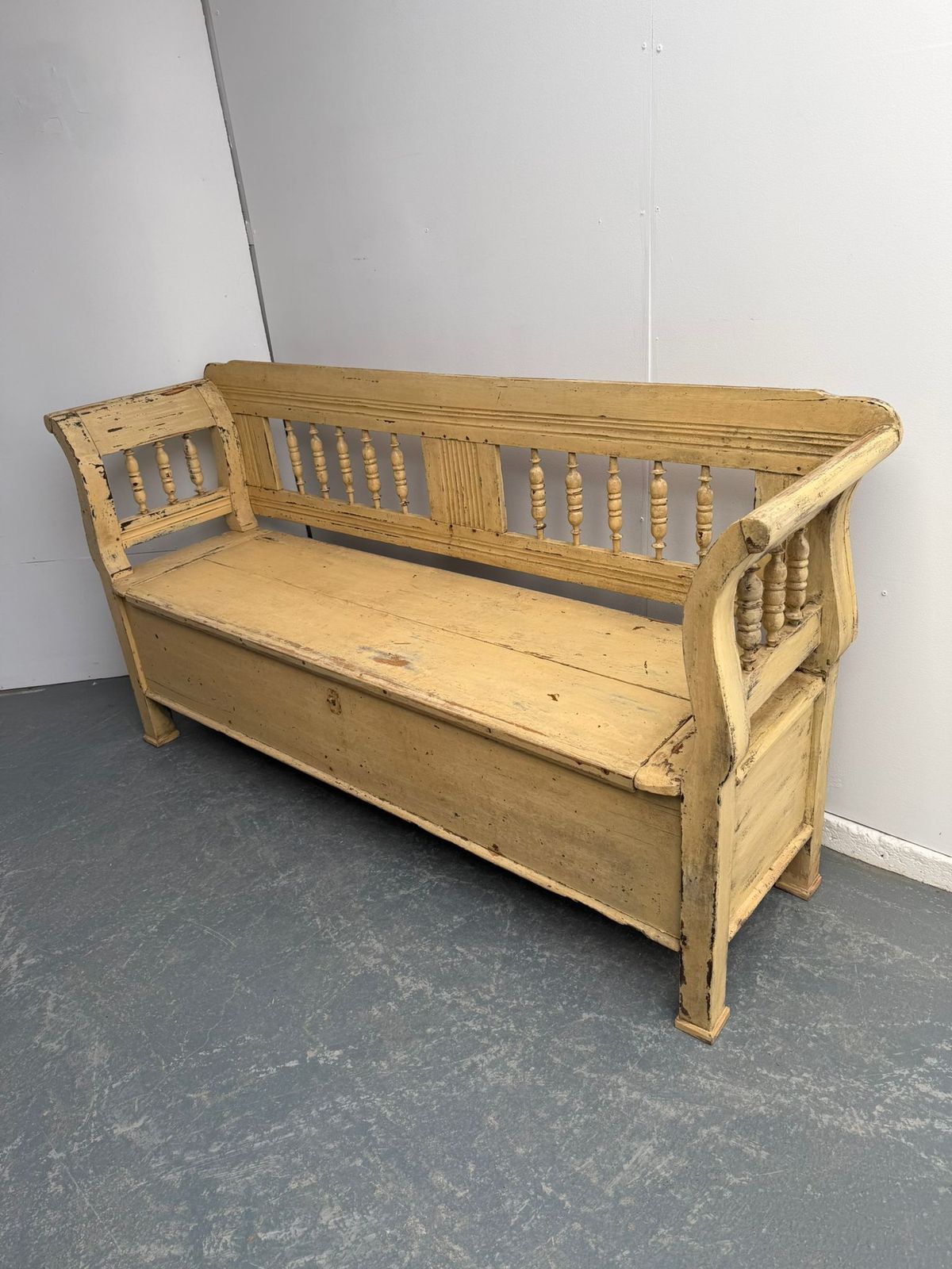 An Original Painted Cream Victorian Pine Hungarian 3 Seater Bench
