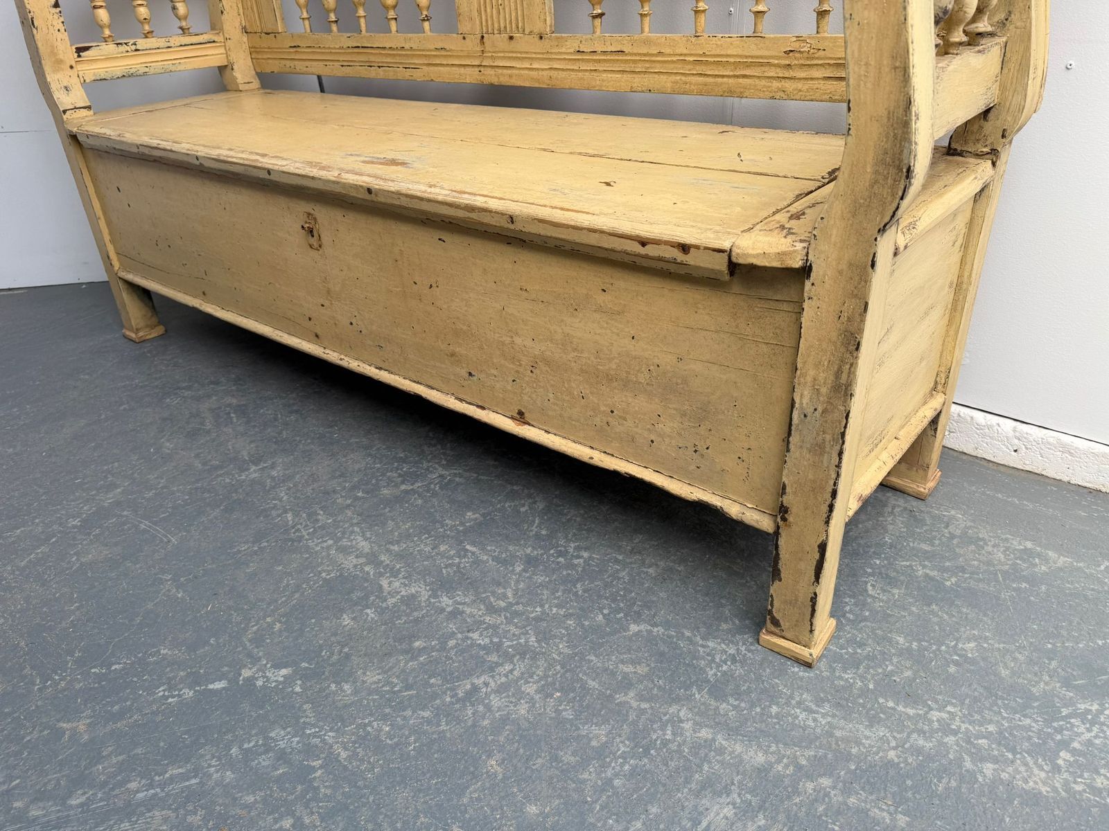 An Original Painted Cream Victorian Pine Hungarian 3 Seater Bench photo for sale
