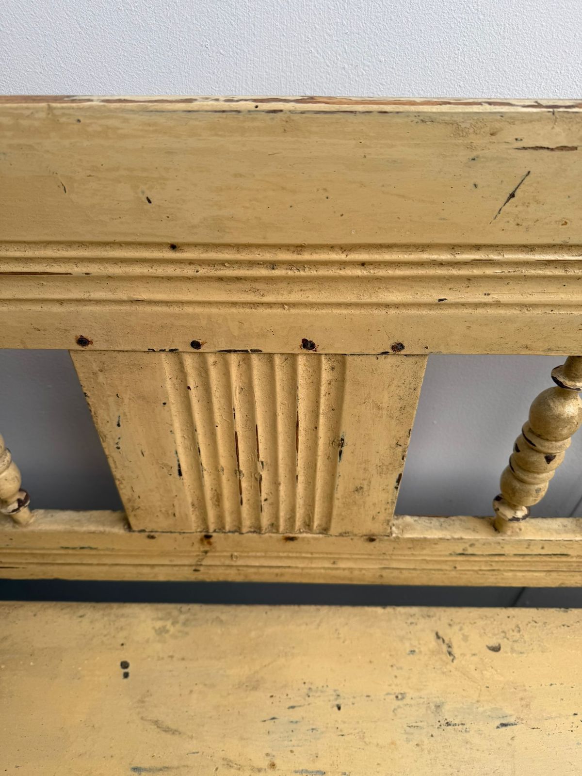 An Original Painted Cream Victorian Pine Hungarian 3 Seater Bench photo vintage