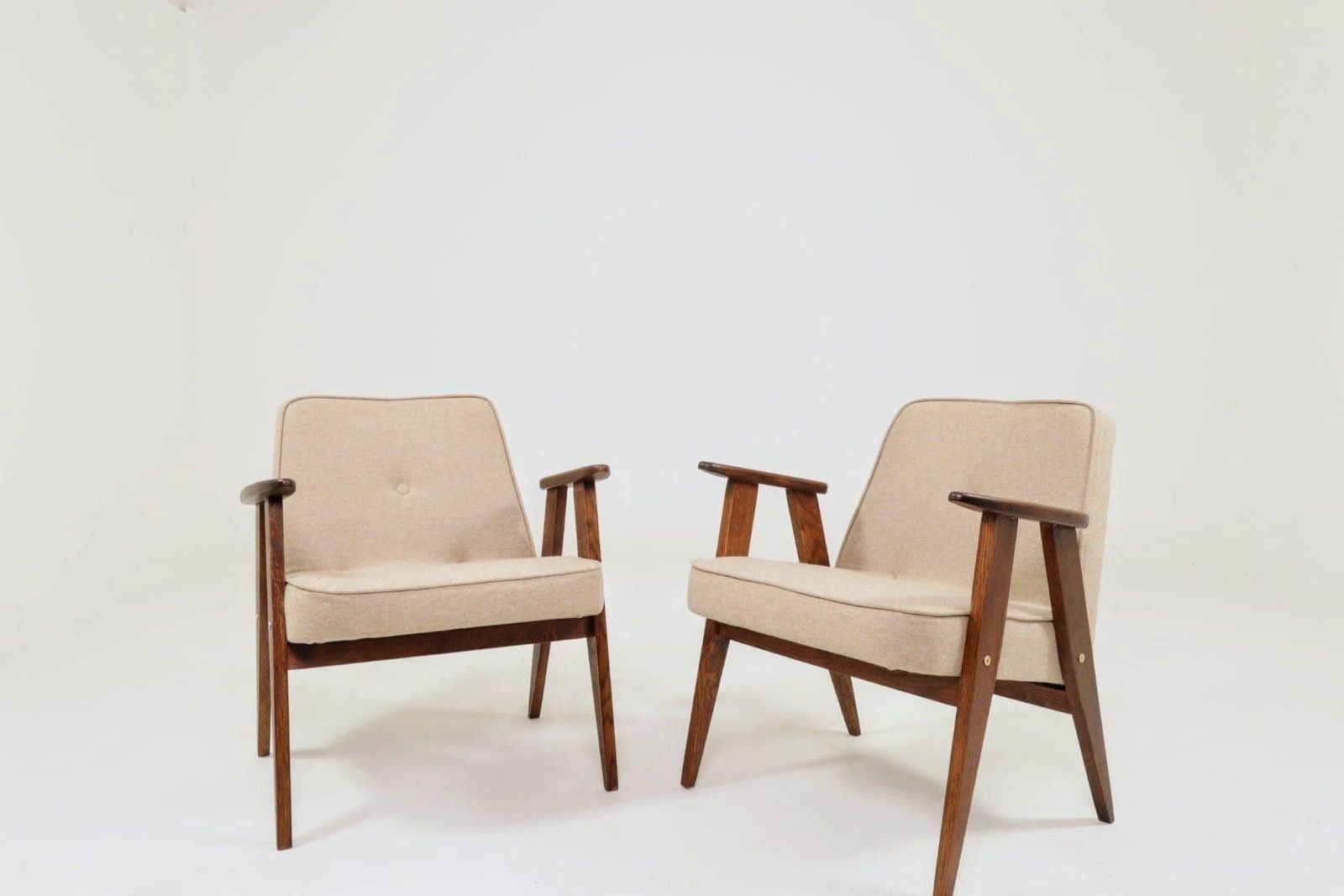 Vintage Pair Armchair, Oak Wood, Wool Upholstery, Fully Refurbished