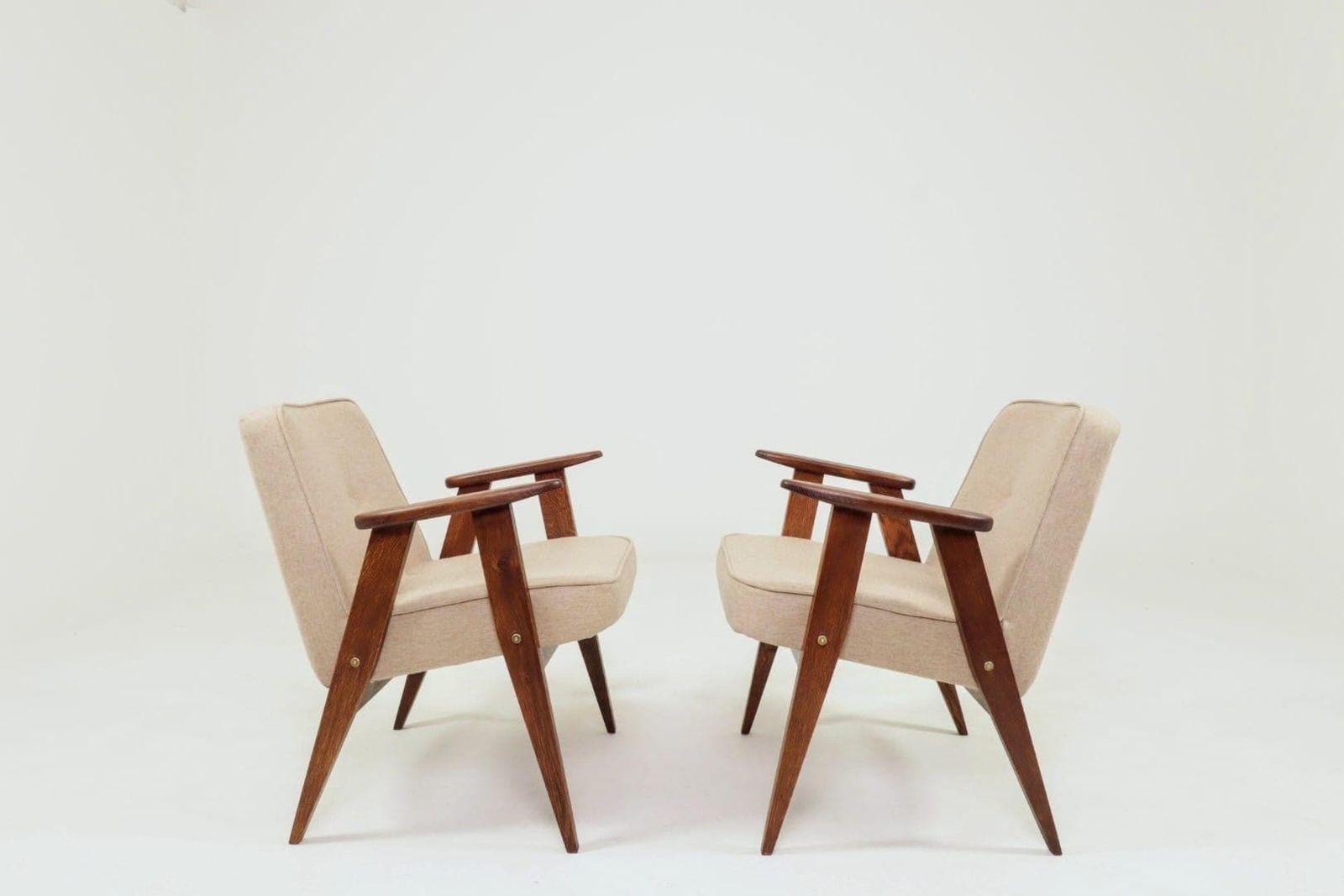 Vintage Pair Armchair, Oak Wood, Wool Upholstery, Fully Refurbished photo for sale