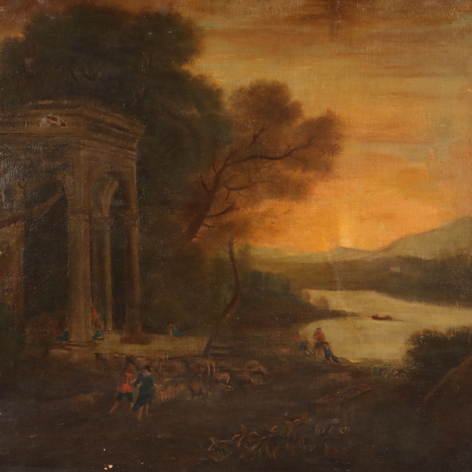Antique Painting Landscape With Architecture Oil On Canvas '700 photo for sale