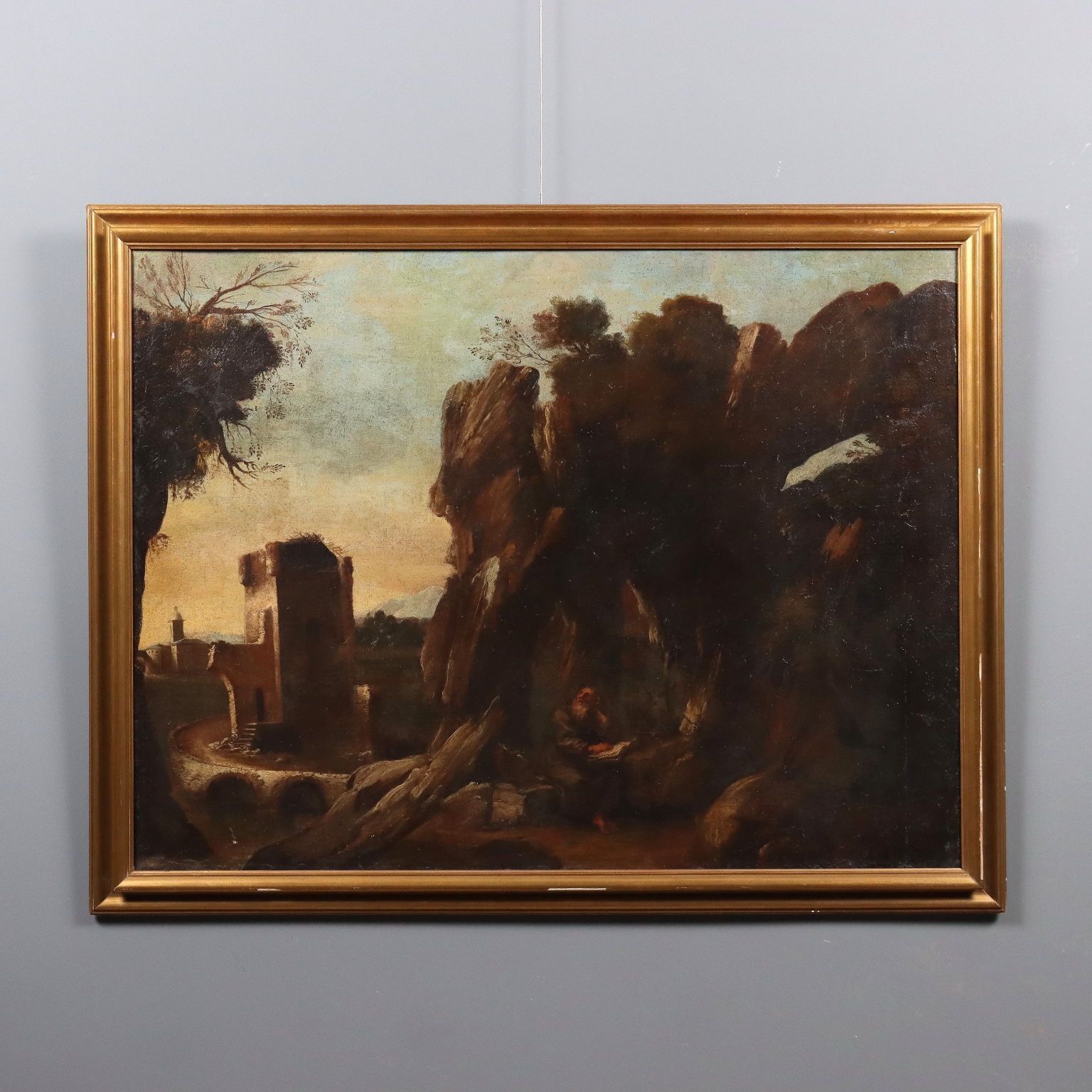 Antique Painting Landscape With Saint Oil On Canvas XVIII XIX Century