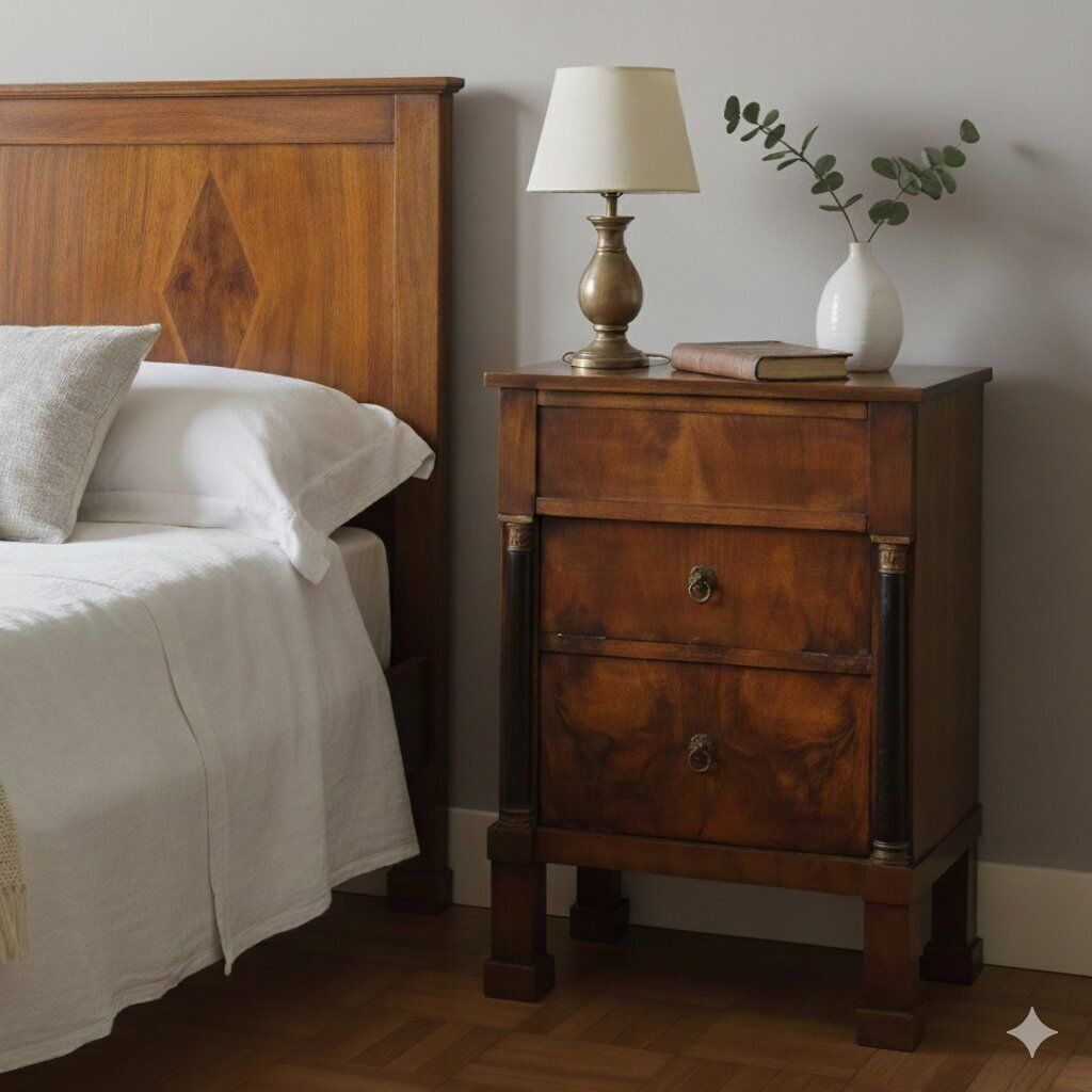 Antique Bedside Table Empire Walnut Poplar Italy XIX Century photo furniture